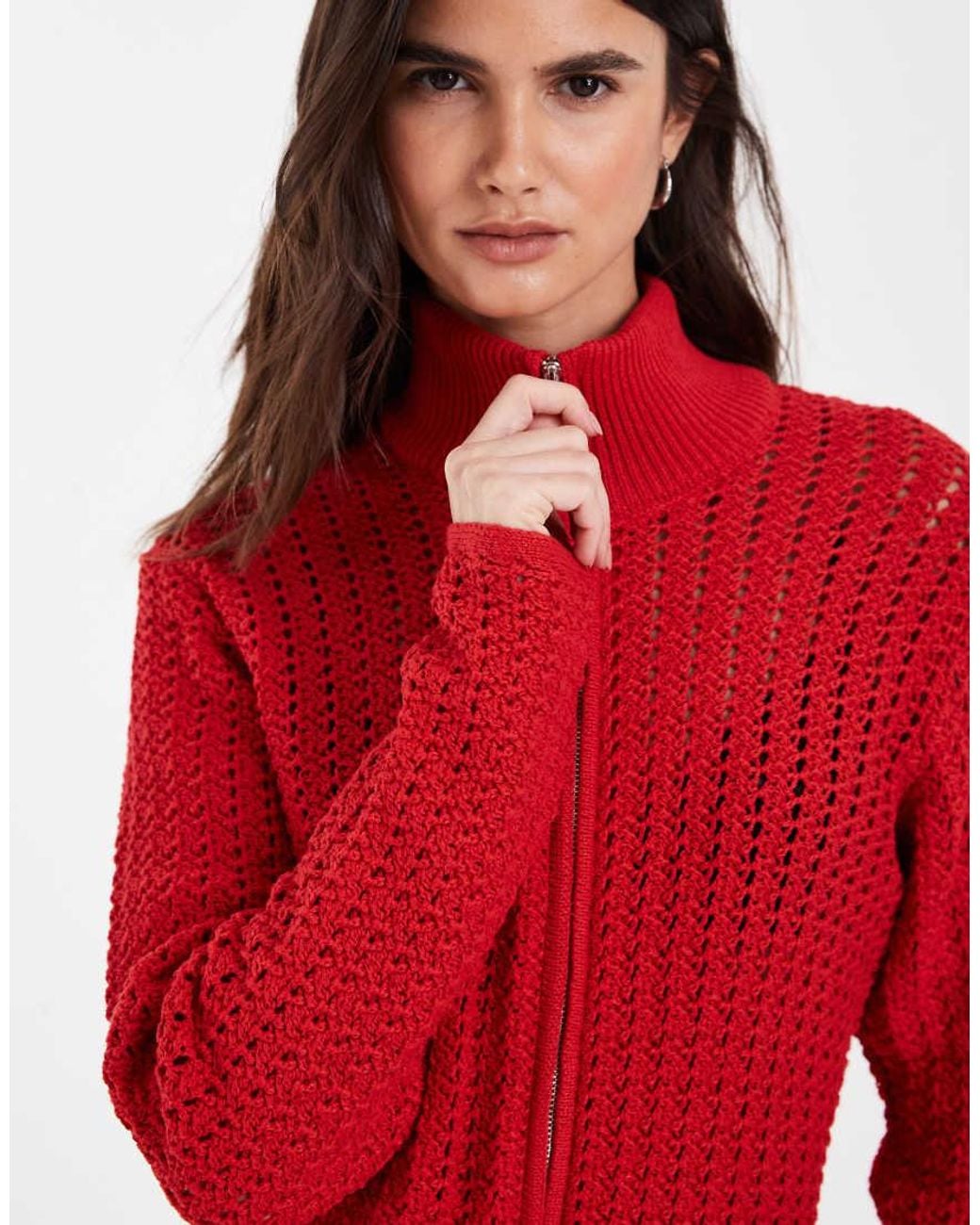 ASOS Red Crochet Knit Funnel Neck Zip Up Jacket
