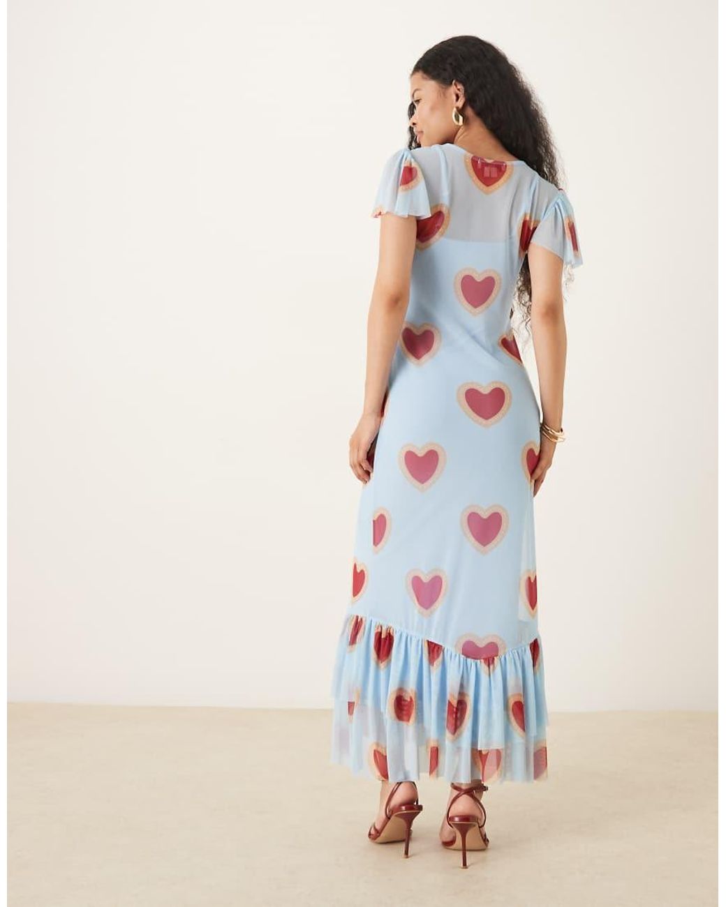 Never Fully Dressed Blue Mesh Flutter Sleeve Ruffle Hem Maxi Dress