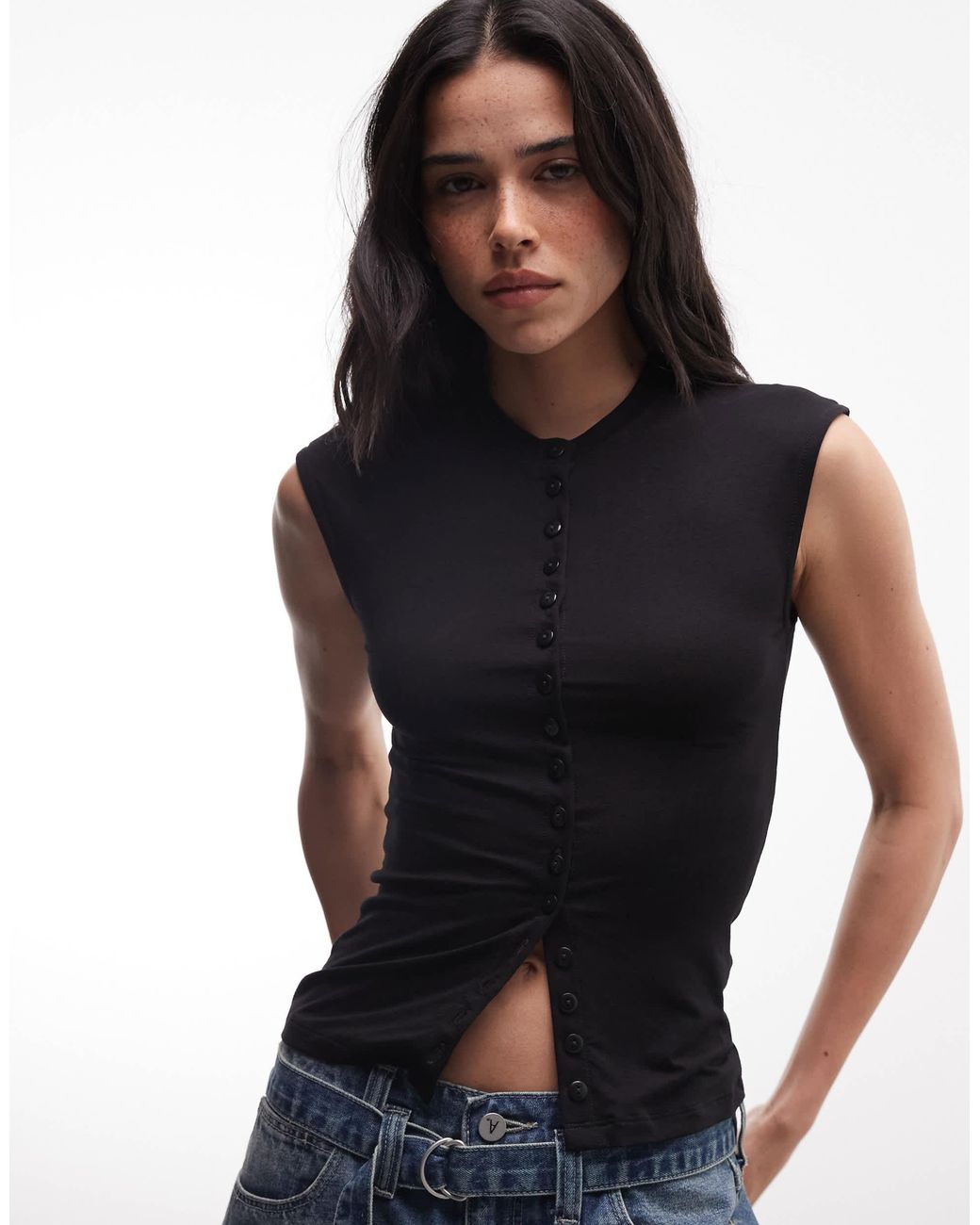 Weekday Black Button Front Top