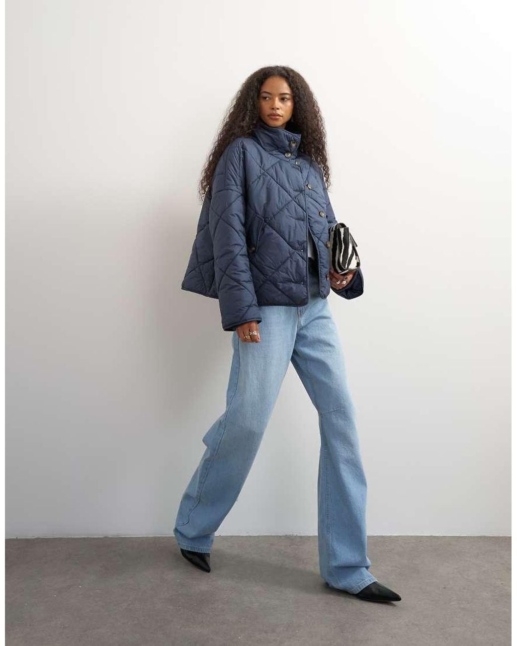 TOPSHOP Blue Quilted Button Through Puffer Jacket