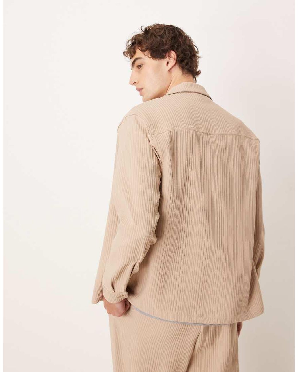ASOS Natural Co-ord Relaxed Revere Plisse Shirt for men
