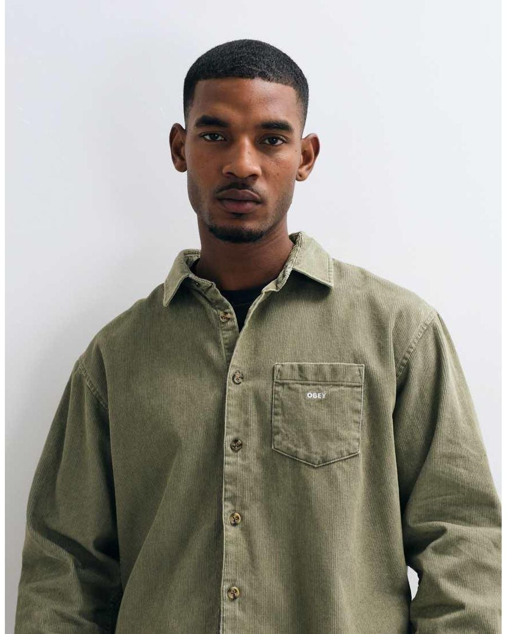 Obey Green Tommy Woven Corduroy Long Sleeve Shirt for men