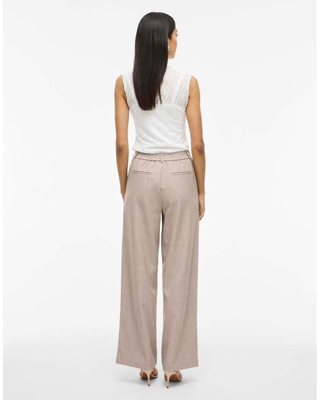 Vila Natural High Waisted Wide Leg Tailored Trousers