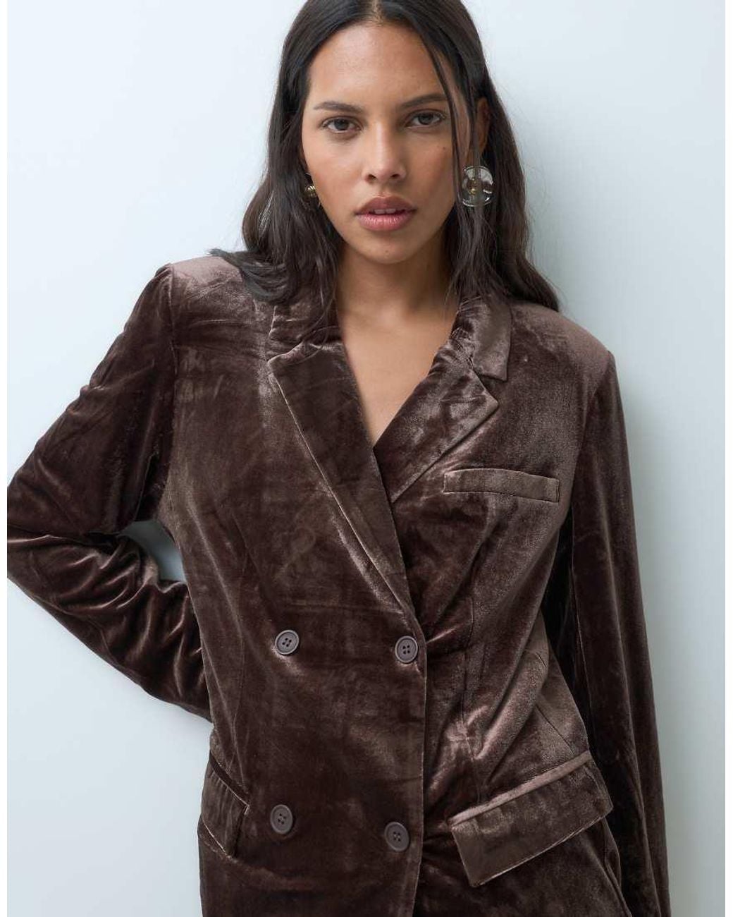 Vila Brown Oversized Tailored Double Breasted Velvet Blazer Co-ord