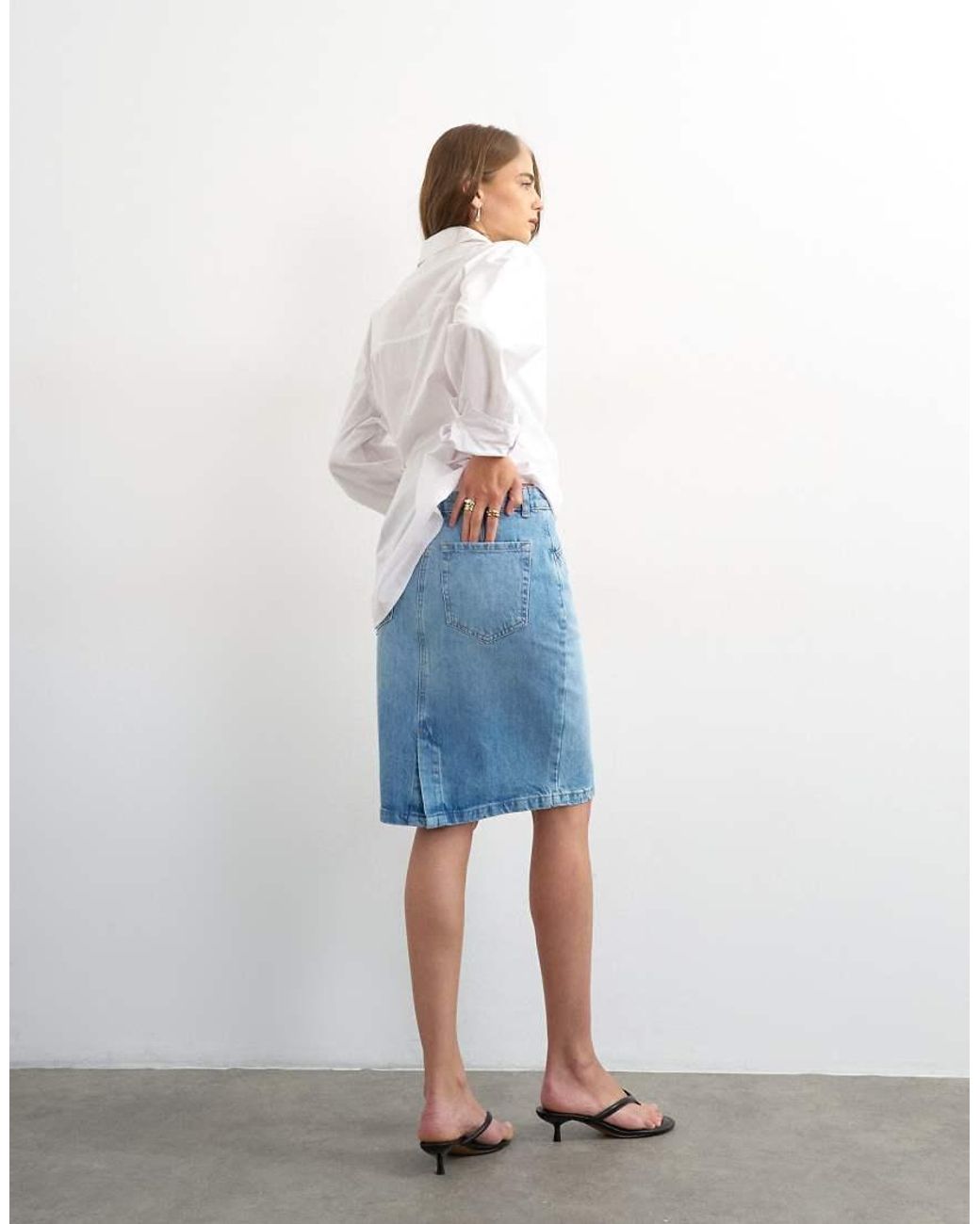 TOPSHOP White Denim 90S Midi Skirt