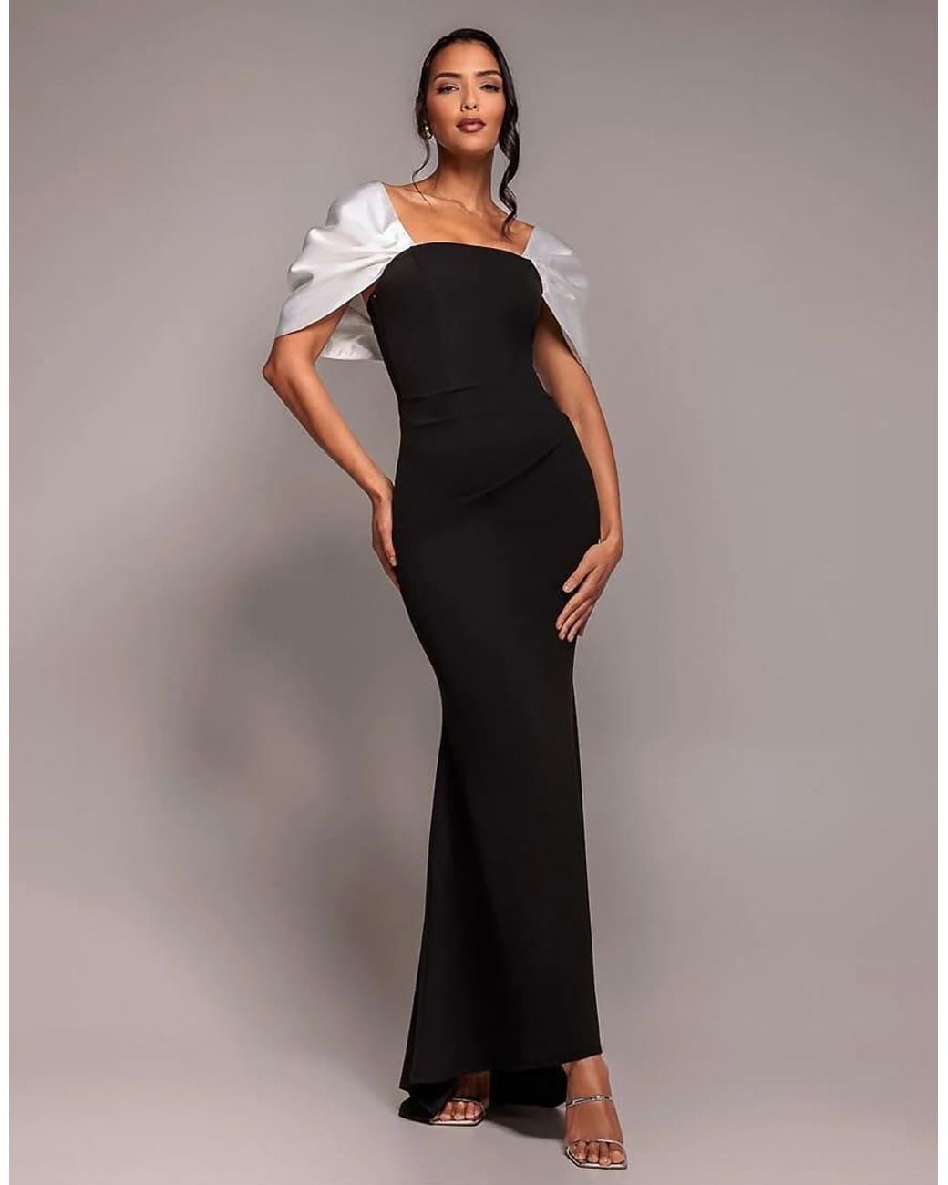 Goddiva Black Contrast Off Shoulder Back Satin Bow Maxi Dress