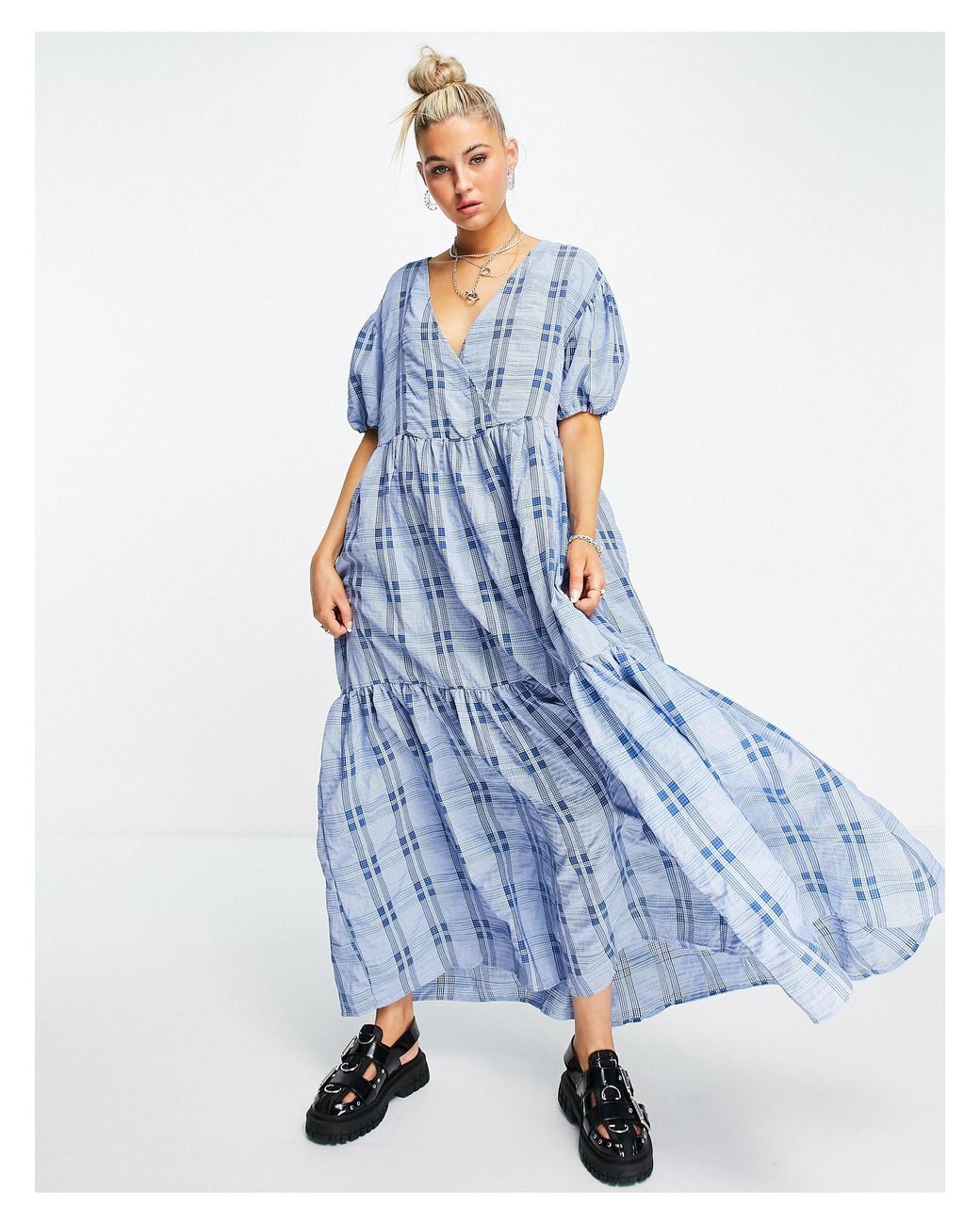 Object Synthetic Check Maxi Smock Dress 