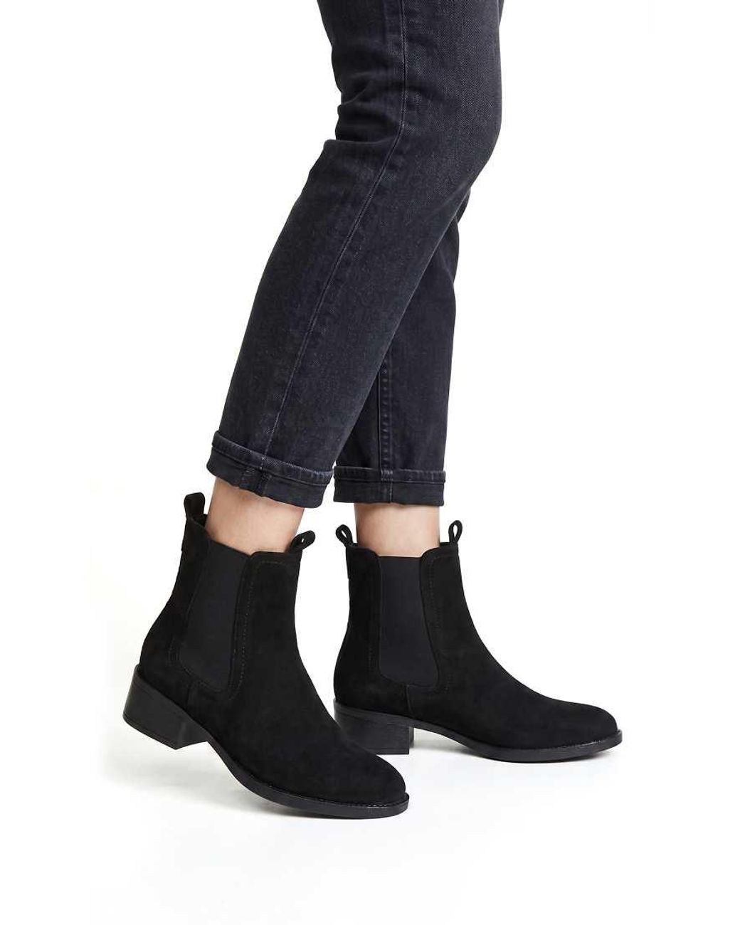 SEQWL Black Chelsea Ankle Booties Low Block Heel With Elastic Panels