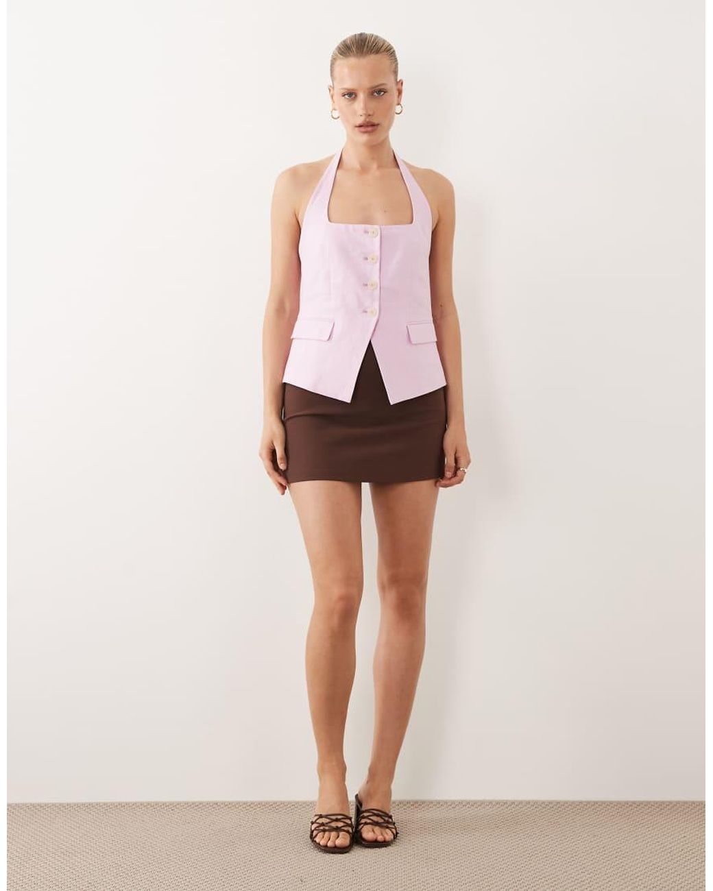 Mango Pink Boreli 100% Linen Halterneck Waistcoat Co-ord