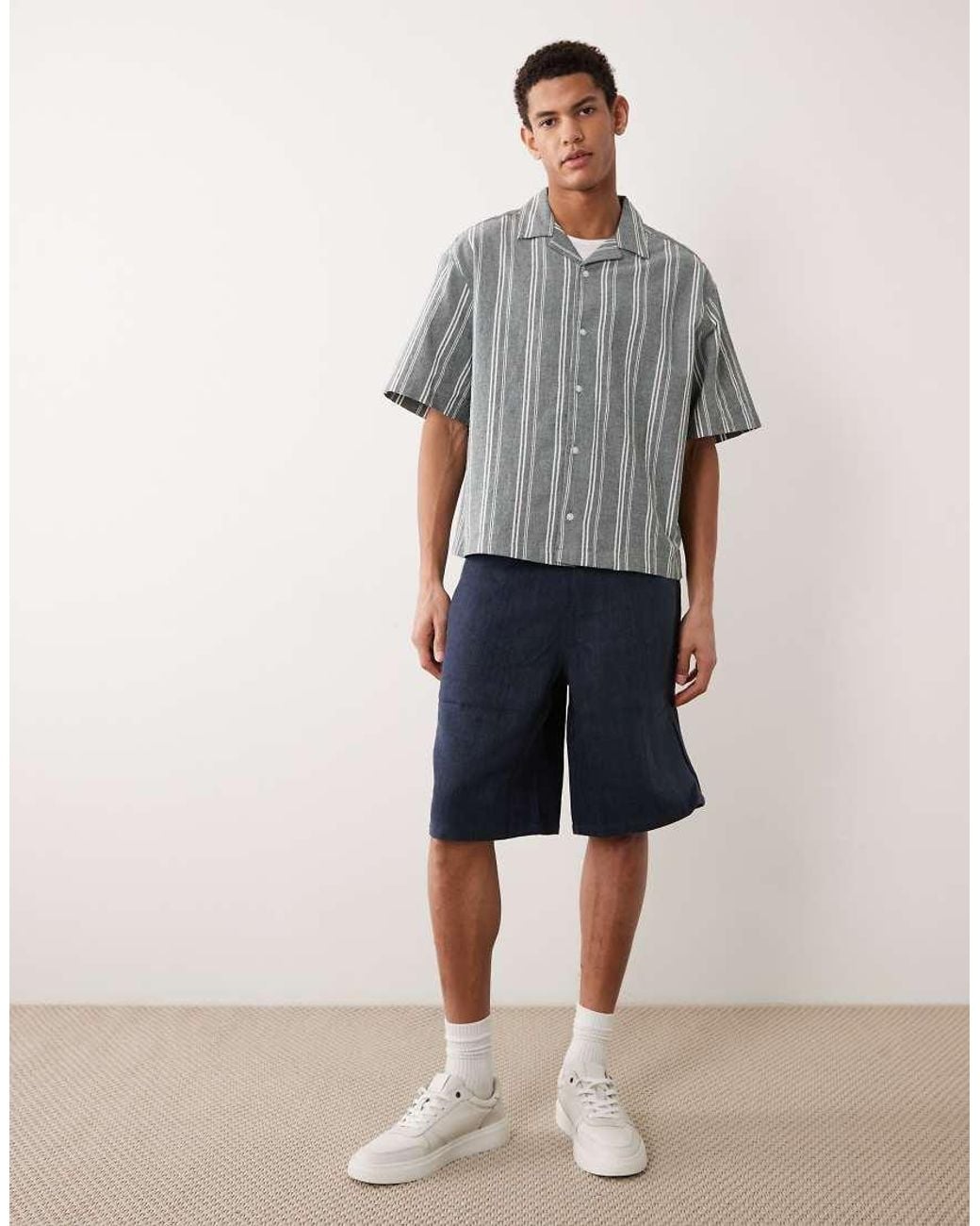 ASOS Gray Boxy Oversized Linen Look Stripe Shirt for men