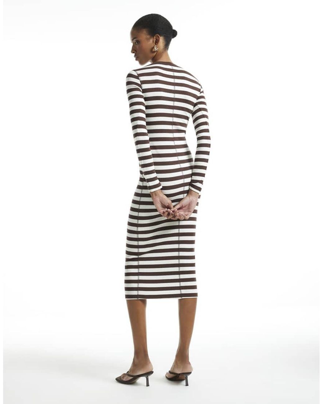 River Island White Long Sleeve Stripe Rib Midi Dress