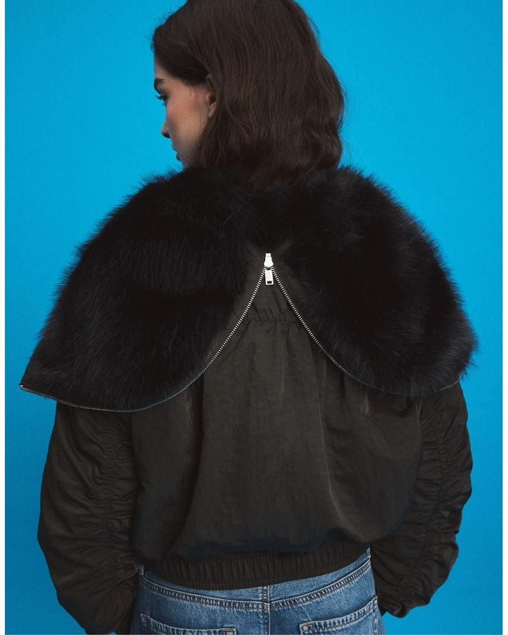 Stradivarius Blue Bomber Jacket With Faux Fur High Neck
