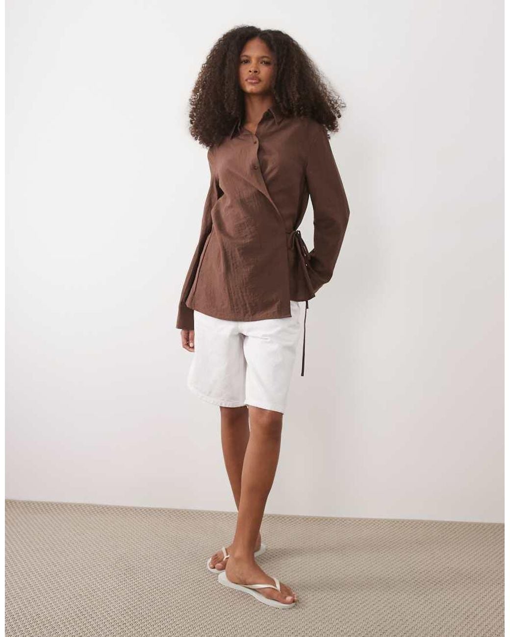 Mango Brown Linen Mix Long Sleeve Shirt With Side Tie