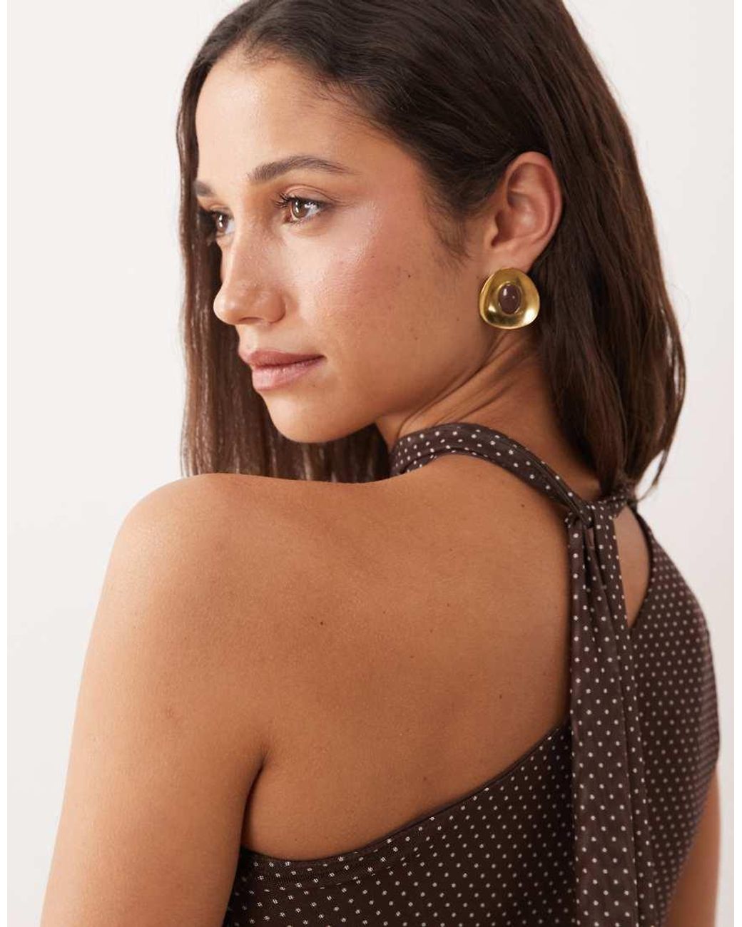 The Frolic Brown Exclusive Mesh Overlay Asymmetric Shoulder Scarf Wrap Around Detail Top Co-Ord