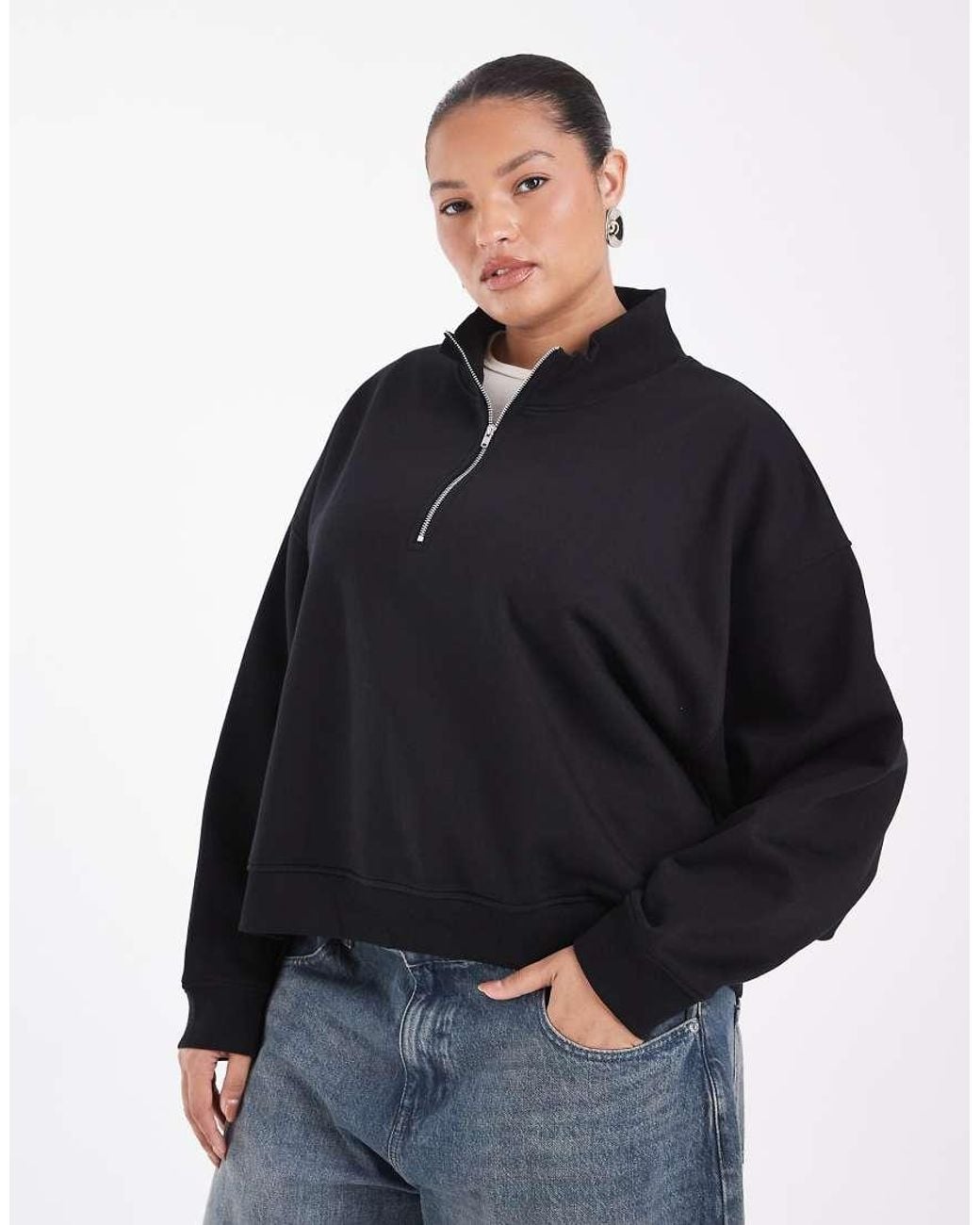 ASOS Blue Asos Design Curve Half Zip Funnel Neck Boxy Brushback Sweatshirt
