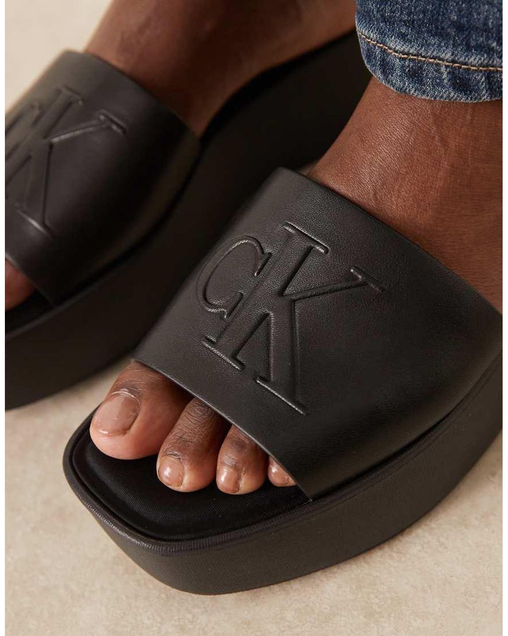 Calvin Klein Blue Jeans Monogram Flatform Leather Sandal