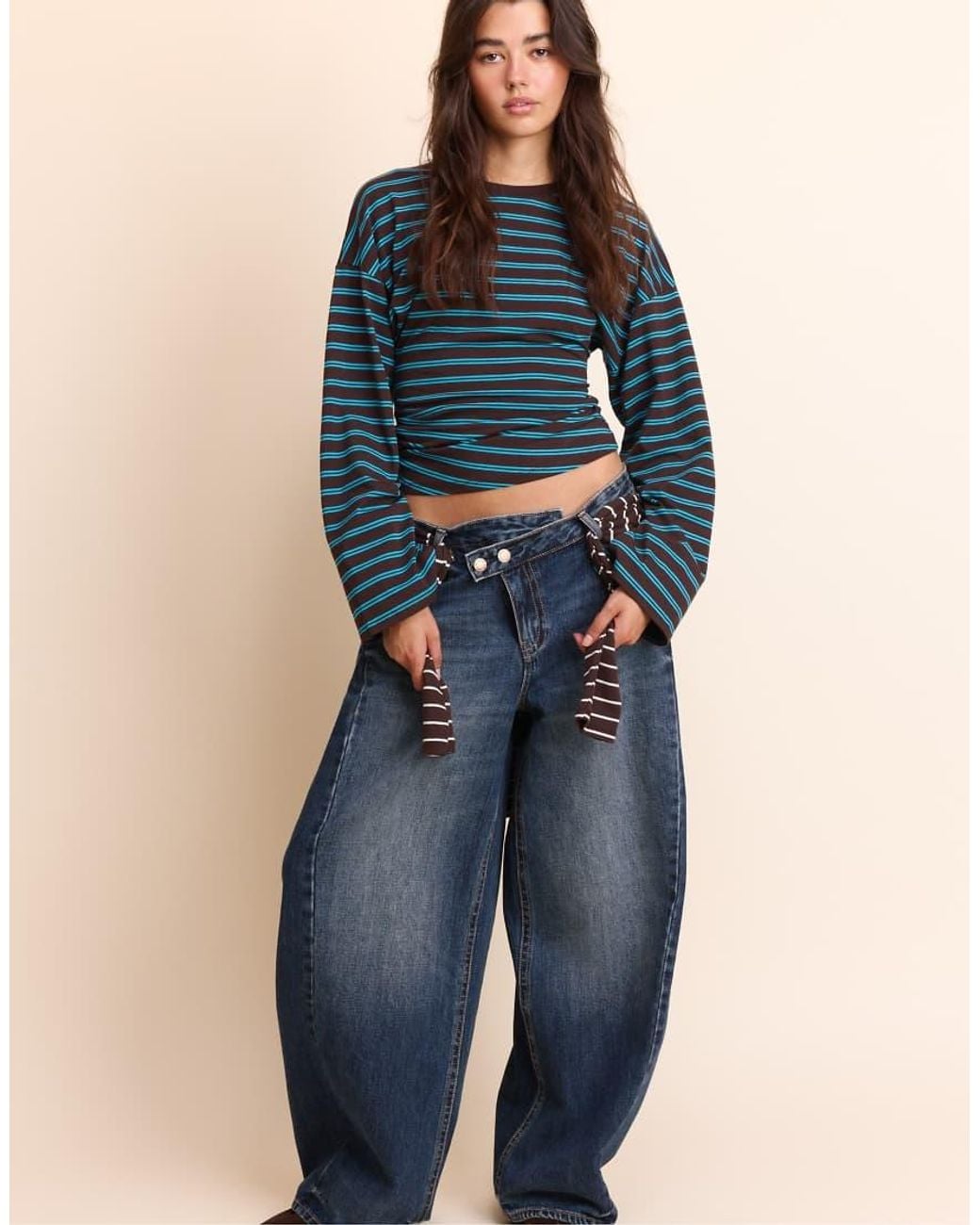 Stradivarius Blue Long Sleeve Striped T-Shirt With Ruched Waist