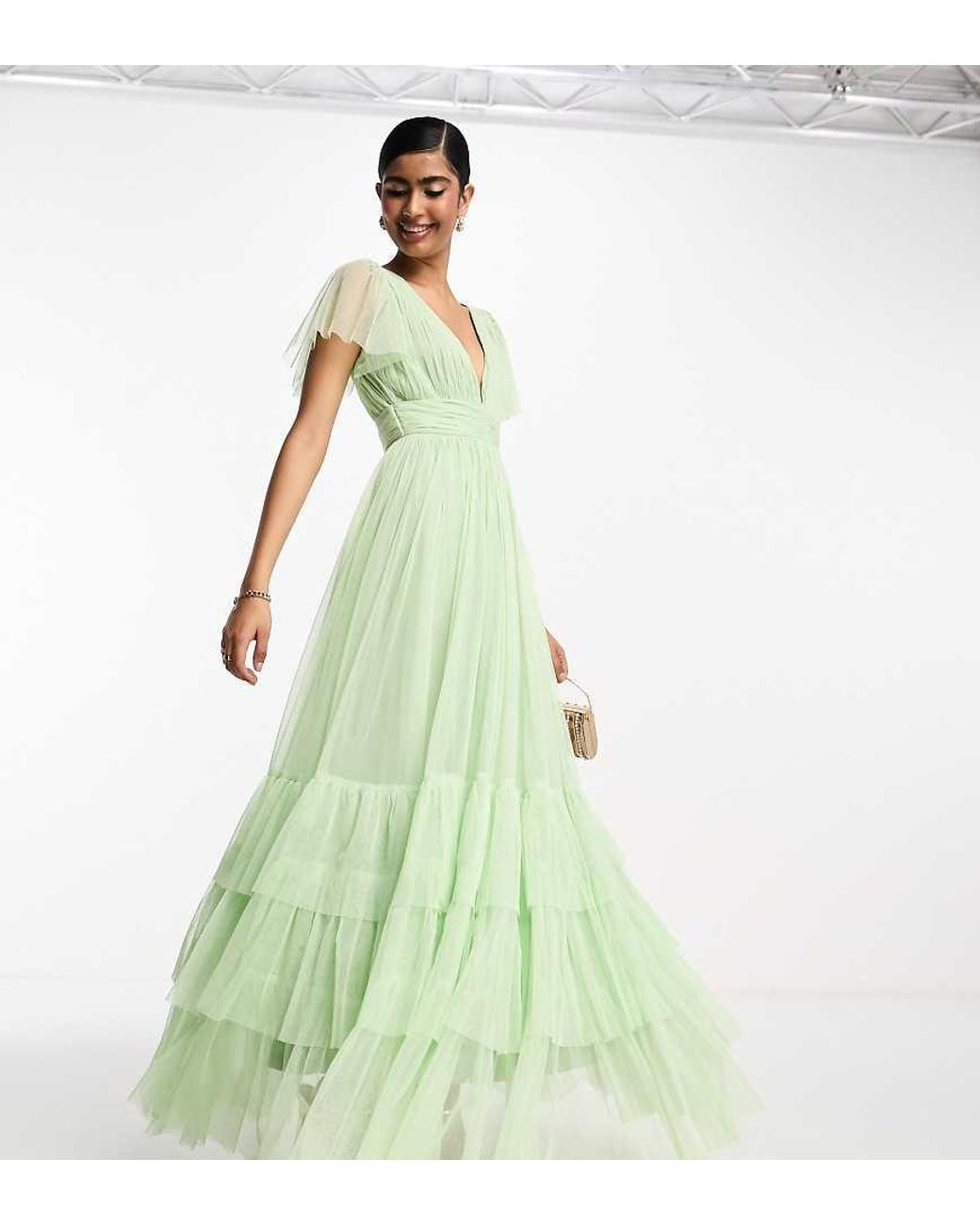 LACE & BEADS Green Bridesmaid Madison V Neck Tulle Maxi Dress
