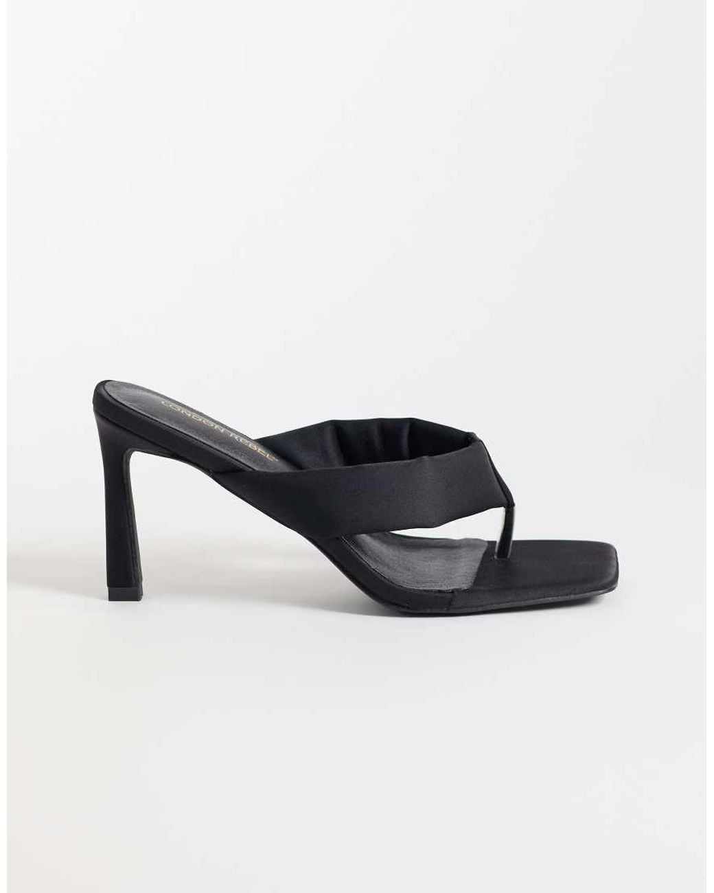 London Rebel Black Seren Satin Thong Heeled Sandals