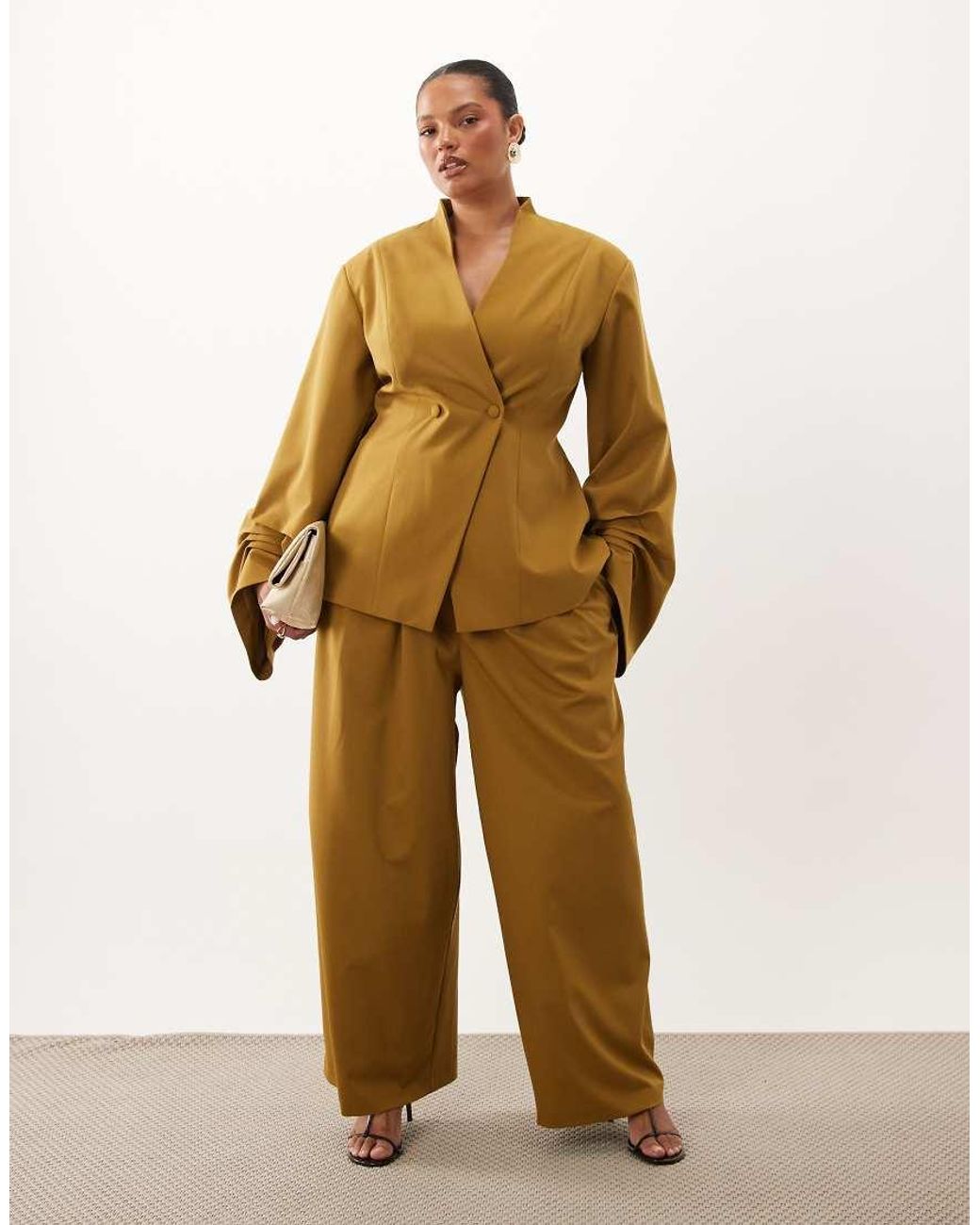 ASOS Brown Curve Blazer With Pleated Sleeve Detail