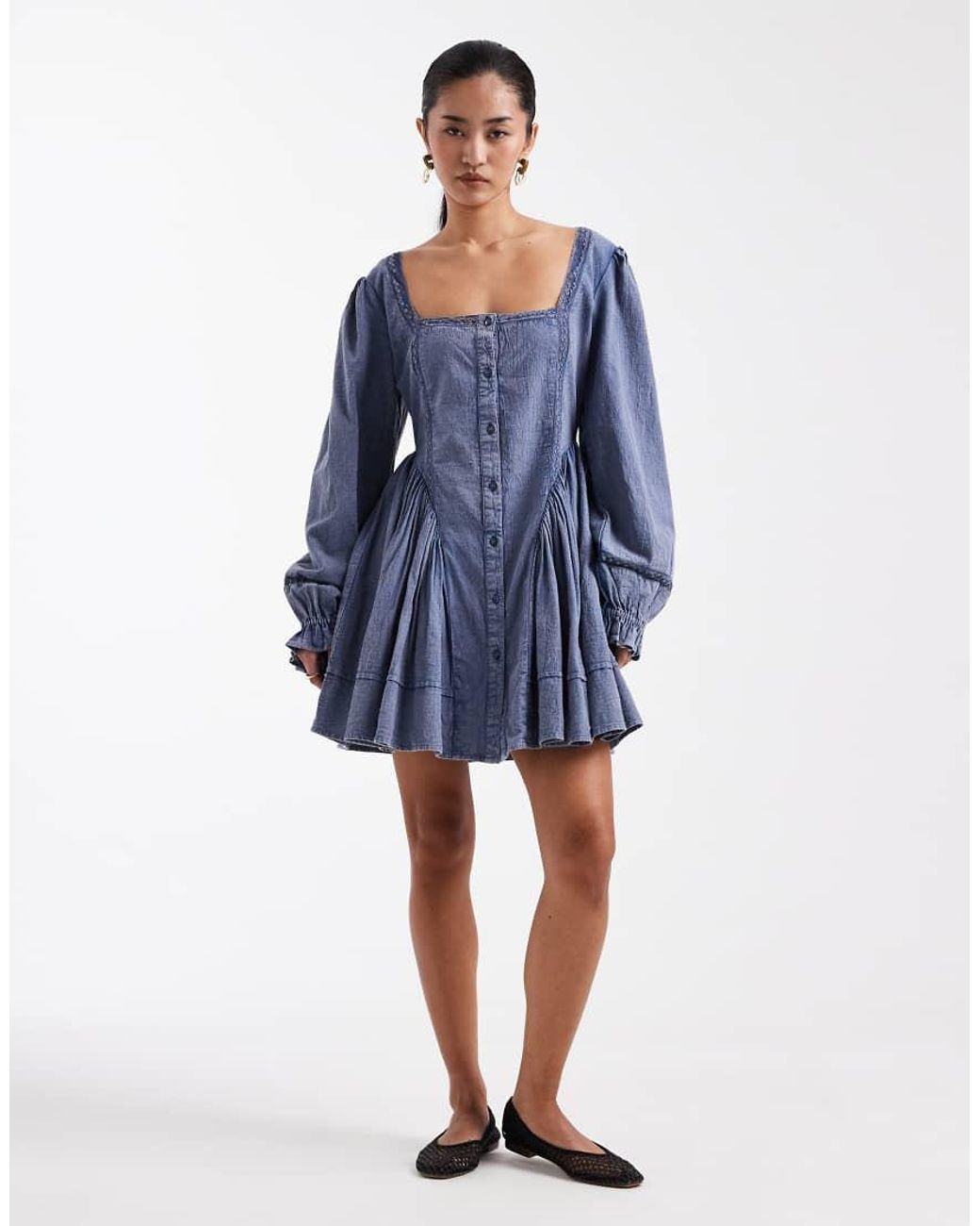 Miss Selfridge Blue Long Sleeve Chambray Mini Dress