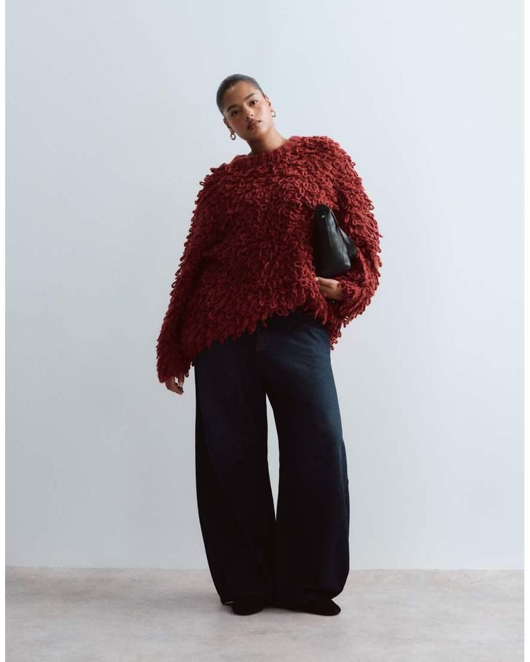 ARRANGE Red Curve Wool Blend Hand Knit Ultimate Loop Fringe Jumper