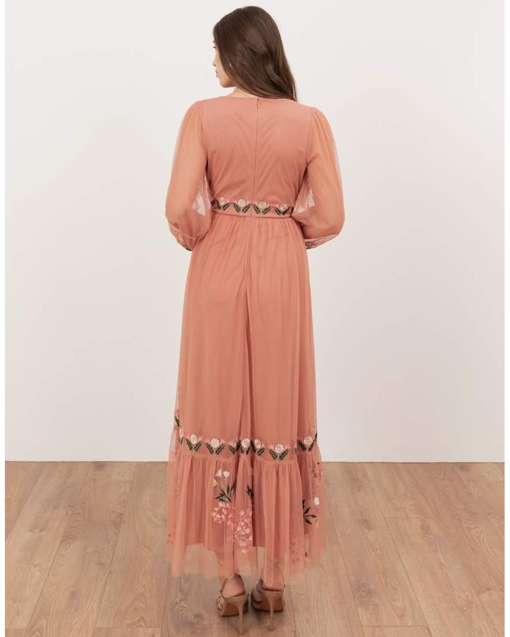 Maya Pink Embroidered Faux Wrap Long Sleeve Midaxi Dress