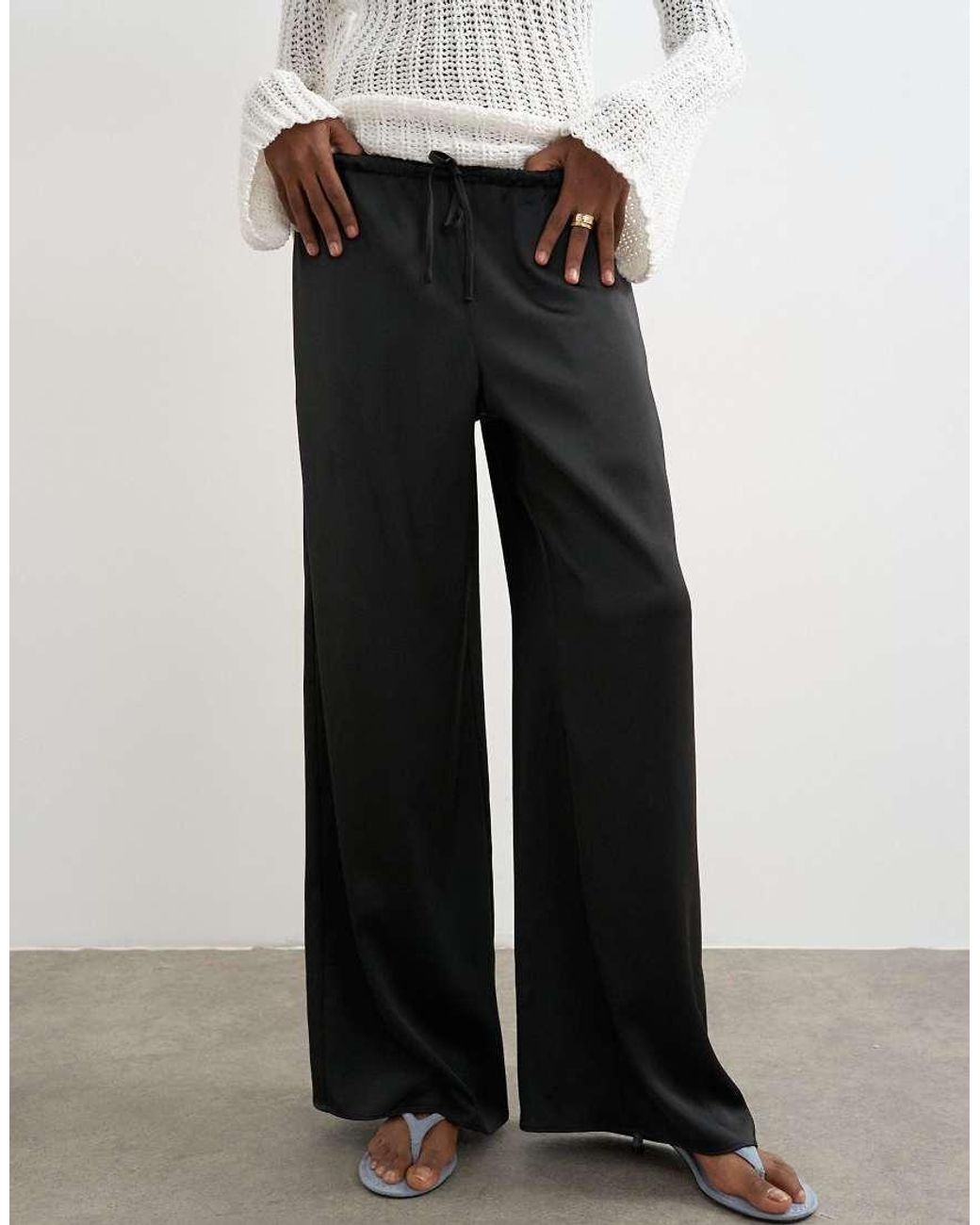 TOPSHOP White Satin Tie Waist Wide Leg Trouser