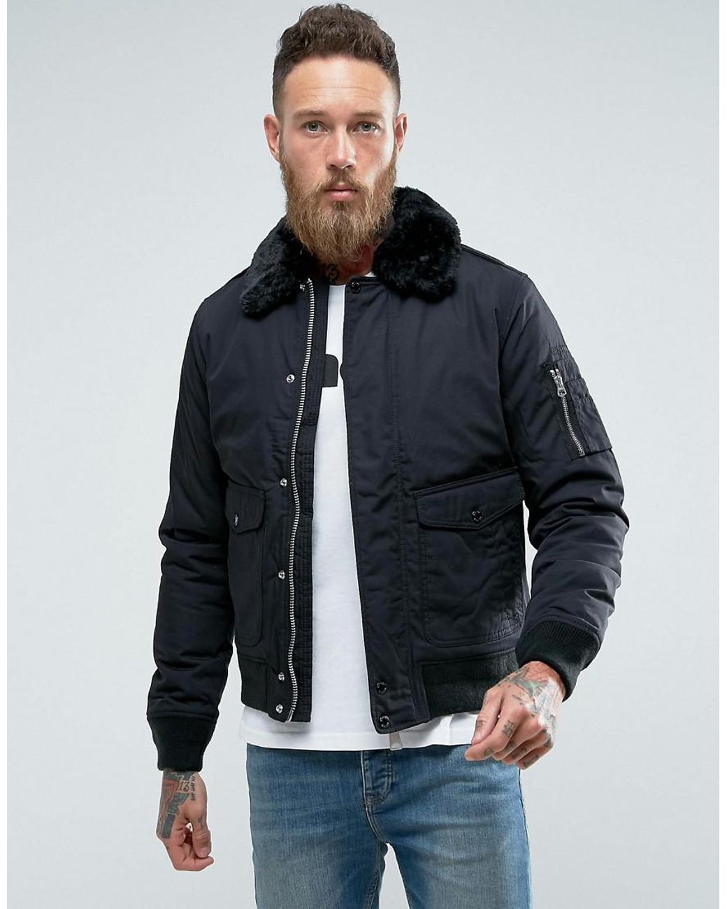 Schott Nyc Air Bomber Jacket Detachable Faux Fur Collar Slim Fit In ...