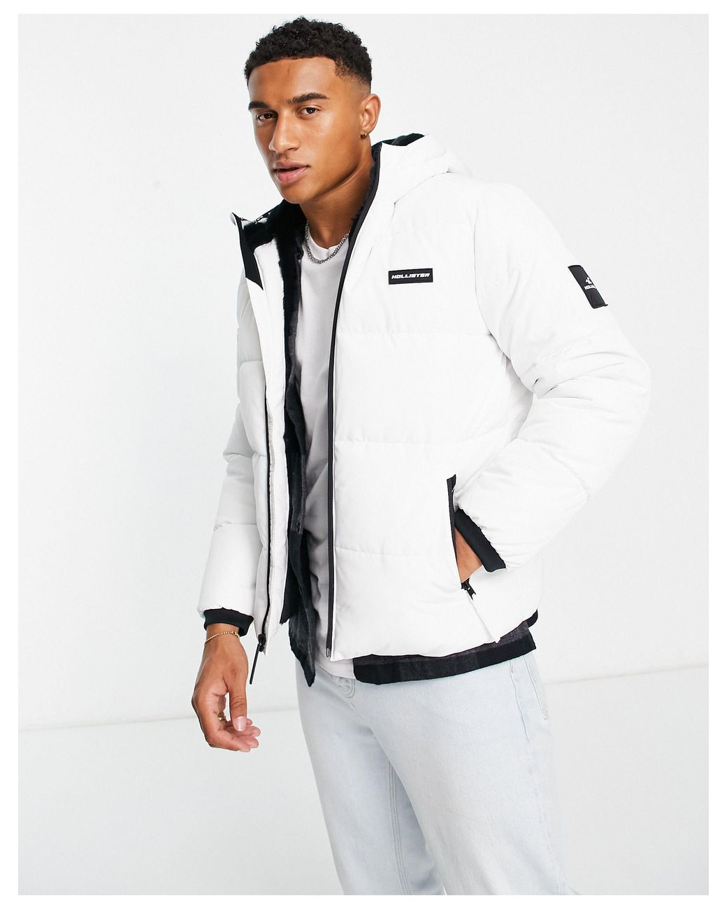 Hollister Borg Lined Heavyweight Hooded Puffer Jacket in White for Men