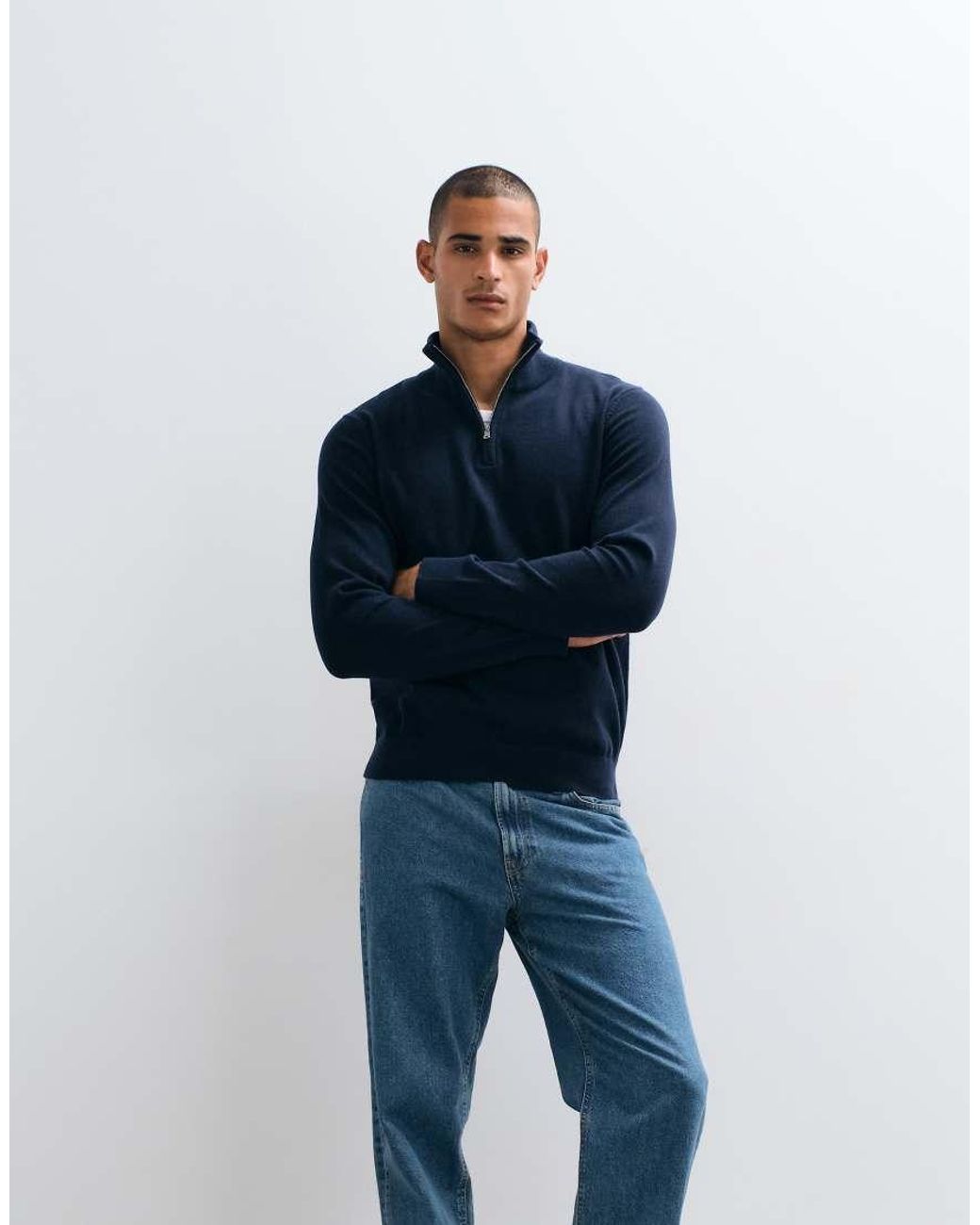 Threadbare Blue Knitted Quarter-zip Jumper for men