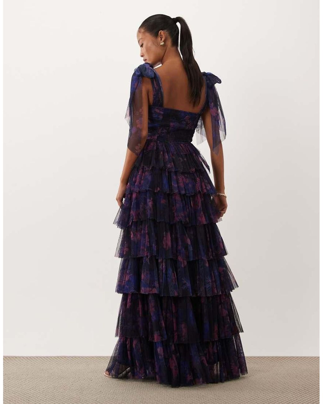 LACE & BEADS Blue Bridesmaid Bow Shoulder Tulle Tiered Maxi Dress