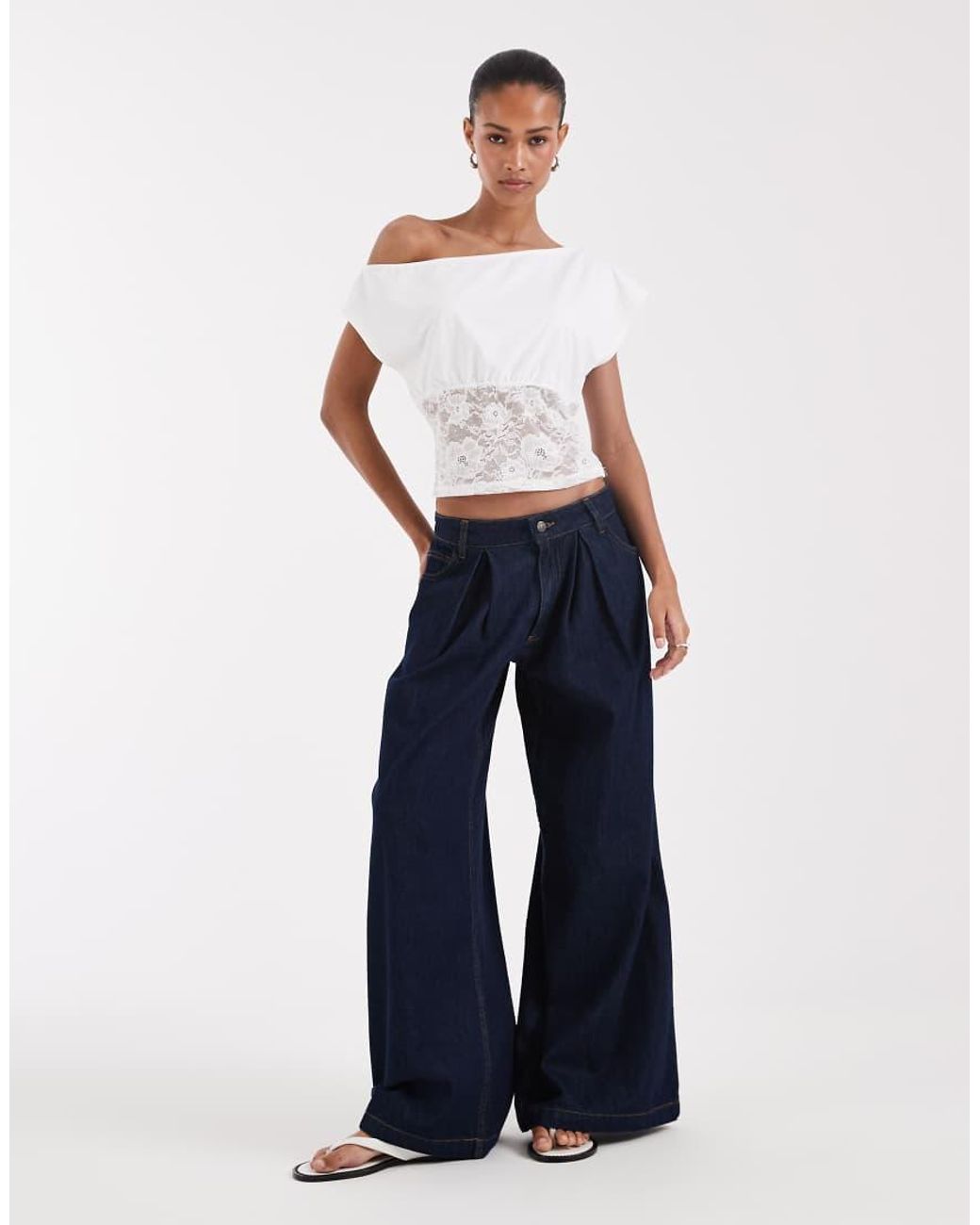 BRONZE SNAKE White Off Shoulder Top With Lace Panel