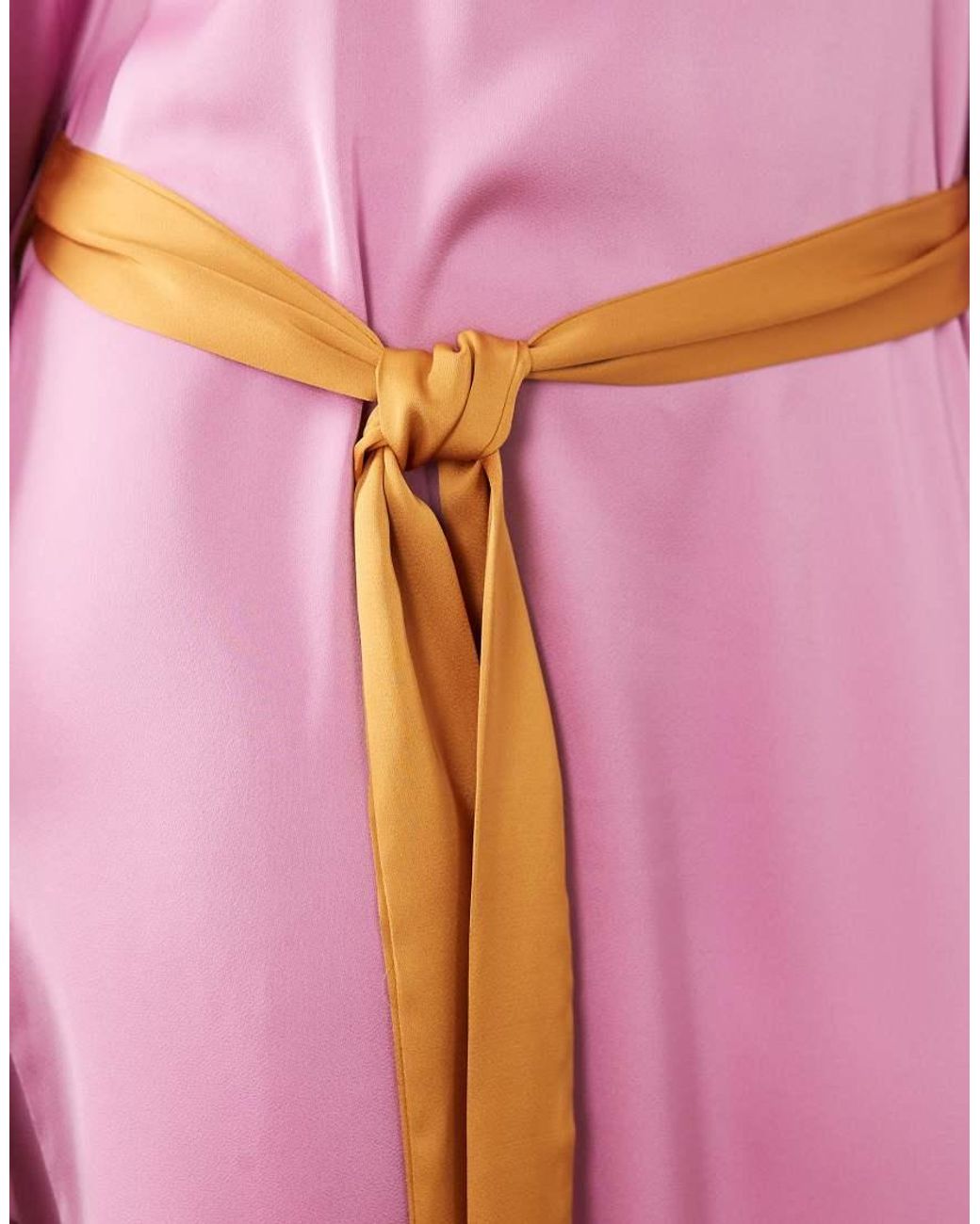 Iyal Pink Satin Contrast Bell Sleeve Maxi Belted Kaftan Dress