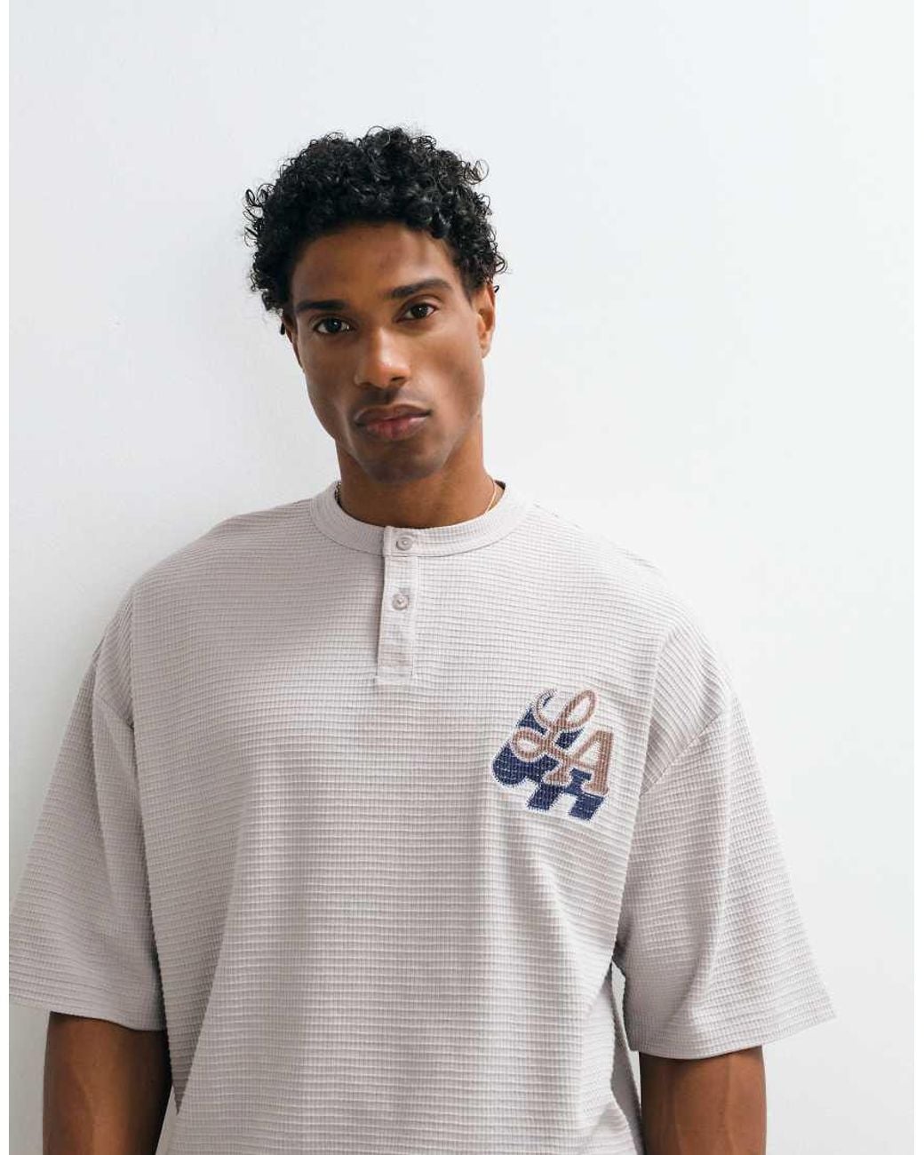 ASOS Gray Boxy Oversized Henley T-Shirt With La Embroidery for men