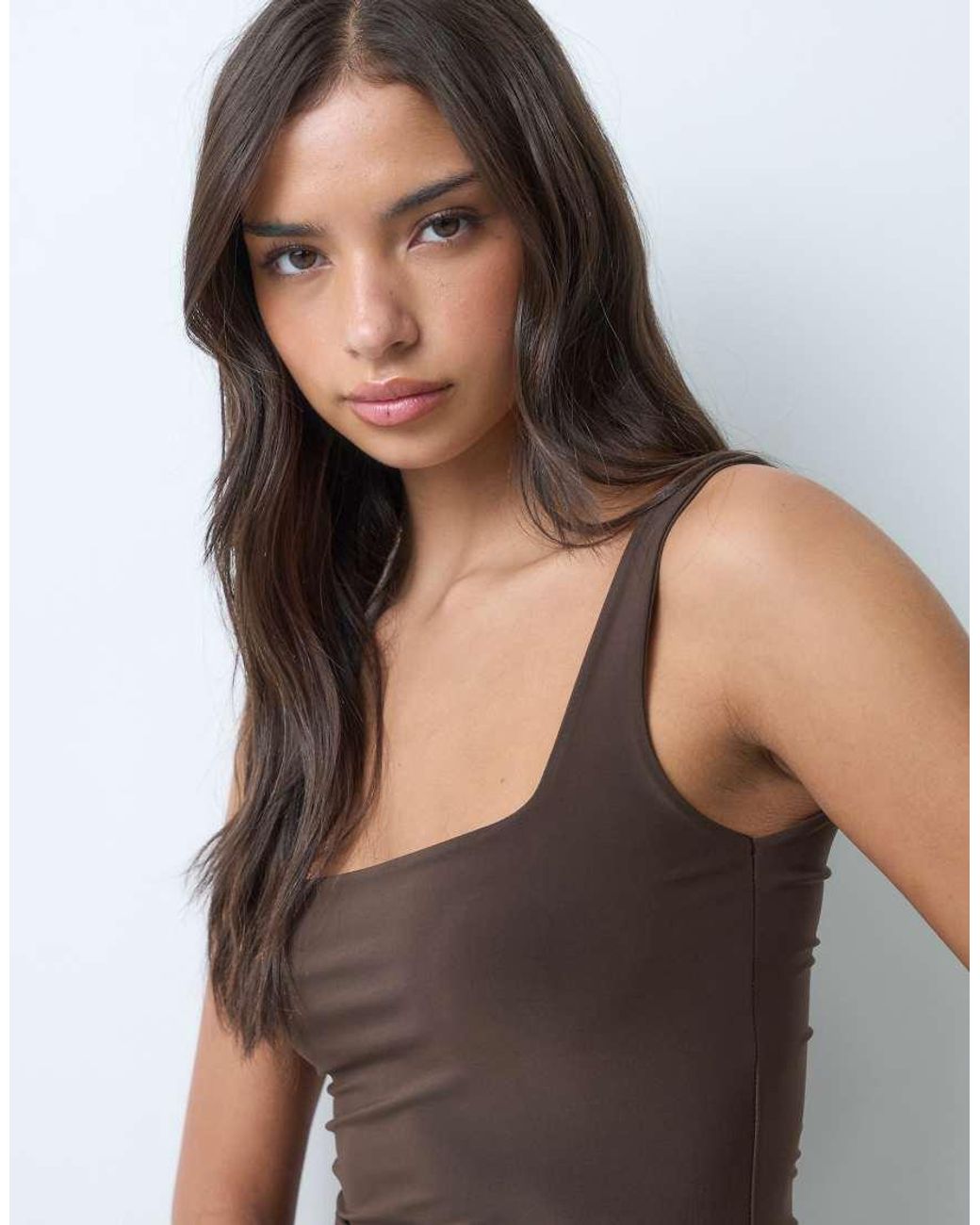 Kaiia Brown Exclusive Double Sculpted Slinky Square Neck Mini Dress