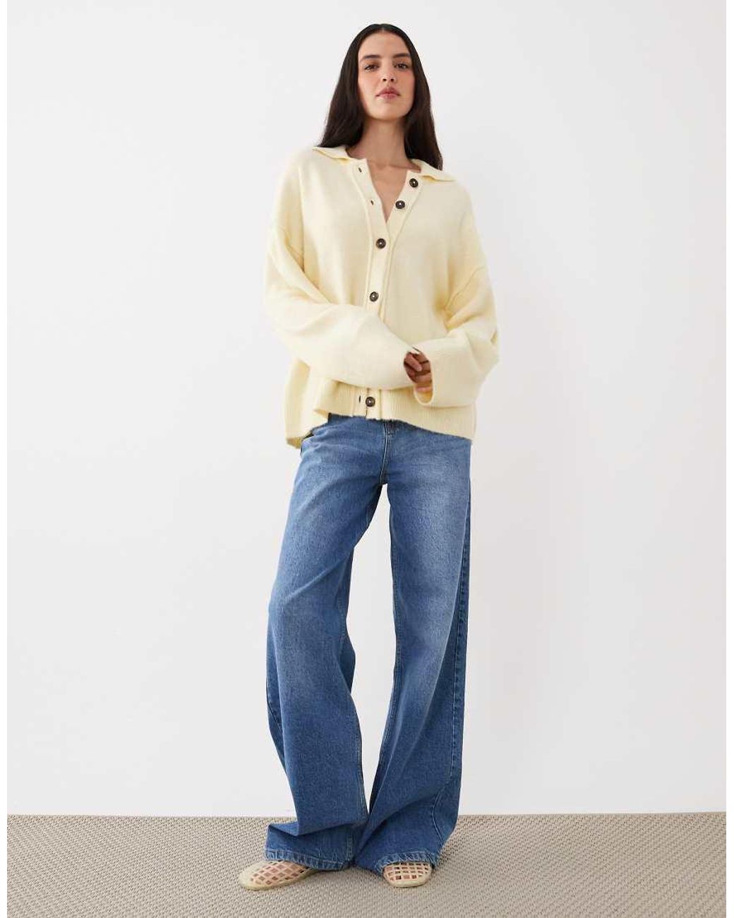 ASOS Natural Knit Collar Shirt Cardigan With Seam Detail
