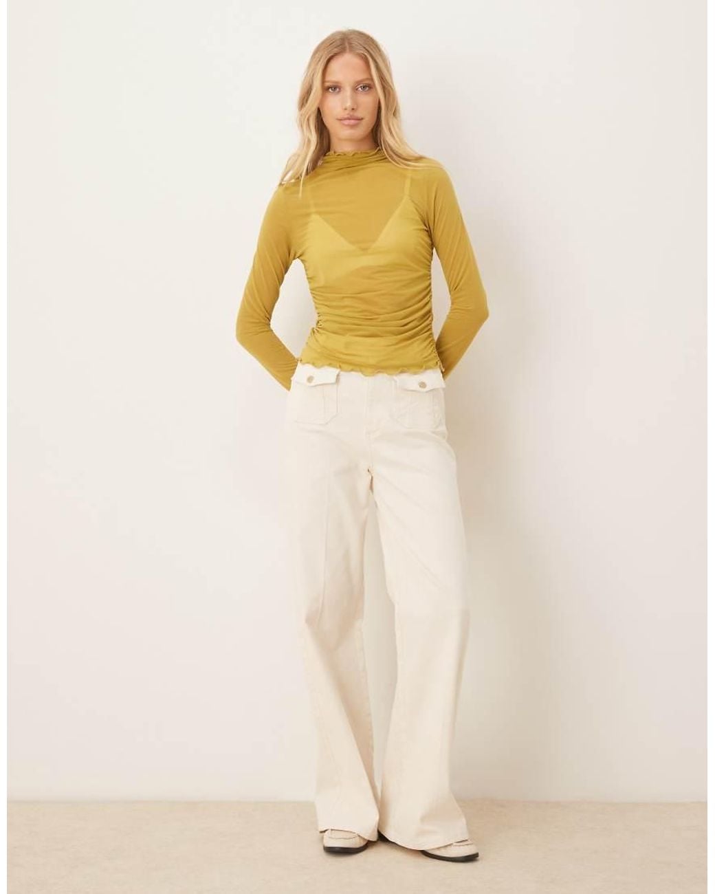 ASOS Yellow High Neck Mesh Semi Sheer Long Sleeve Top