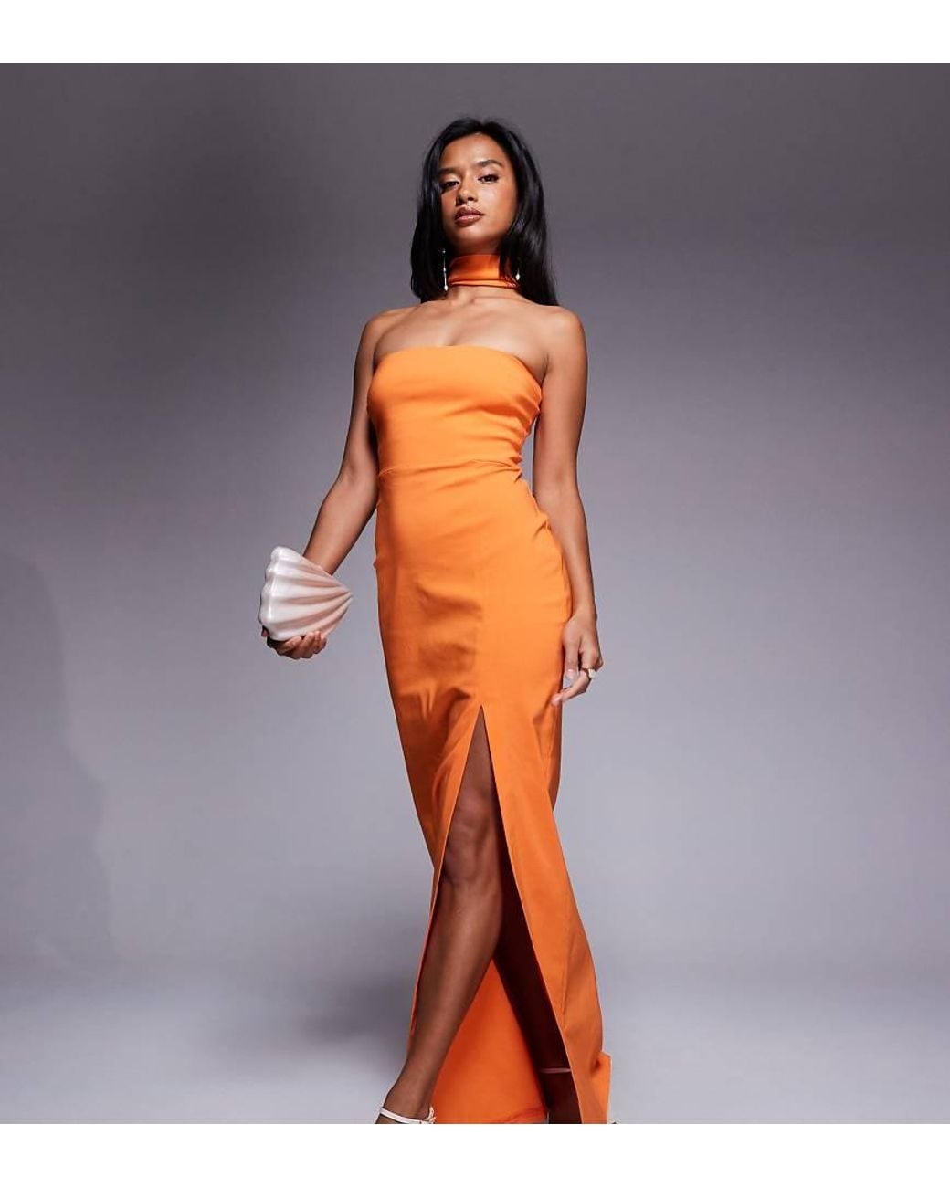 Vesper Petite Orange Bengaline Choker Neck Detail Bandeau Side Split Maxi Dress