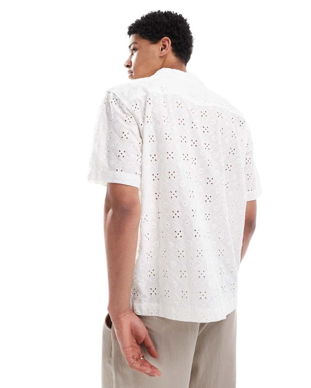 Only & Sons White Loose Fit Broidery Shirt for men
