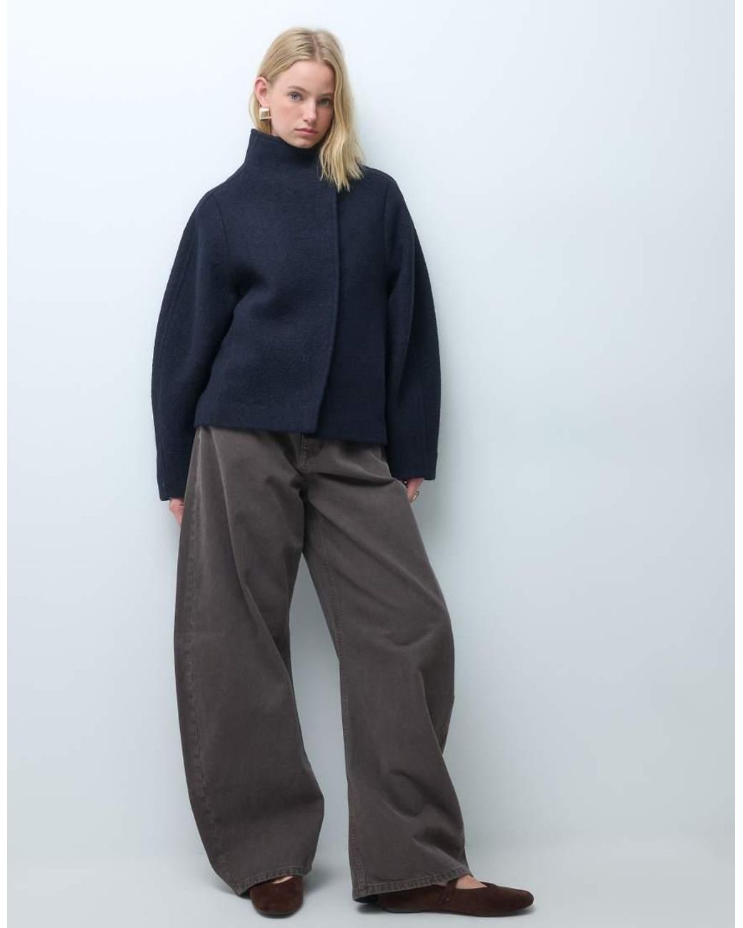 & Other Stories Blue Mock Funnel Neck Textured Wool Mix Short Jacket