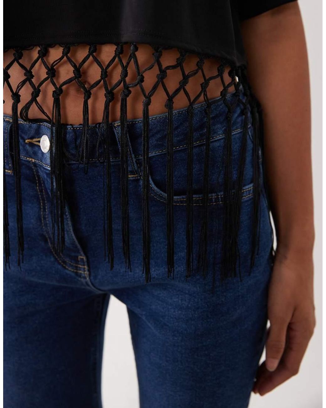 ASOS Black Premium Short Sleeve Crop Top With Lattice Fringing