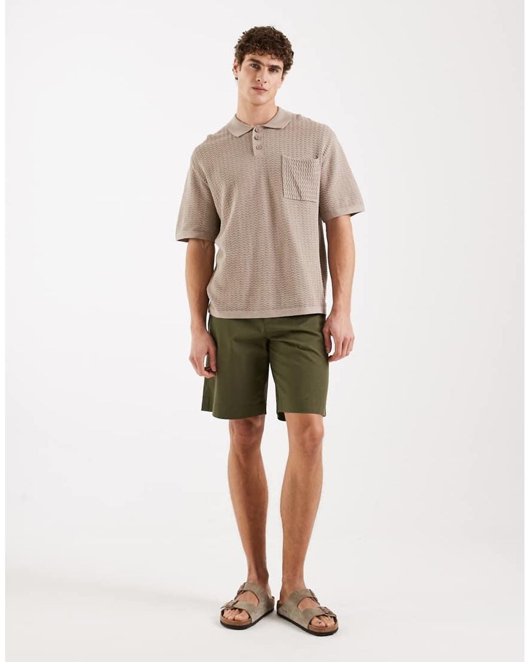 Redefined Rebel Natural Fernando Boxy Fit Short Sleeve Textured Polo Shirt for men