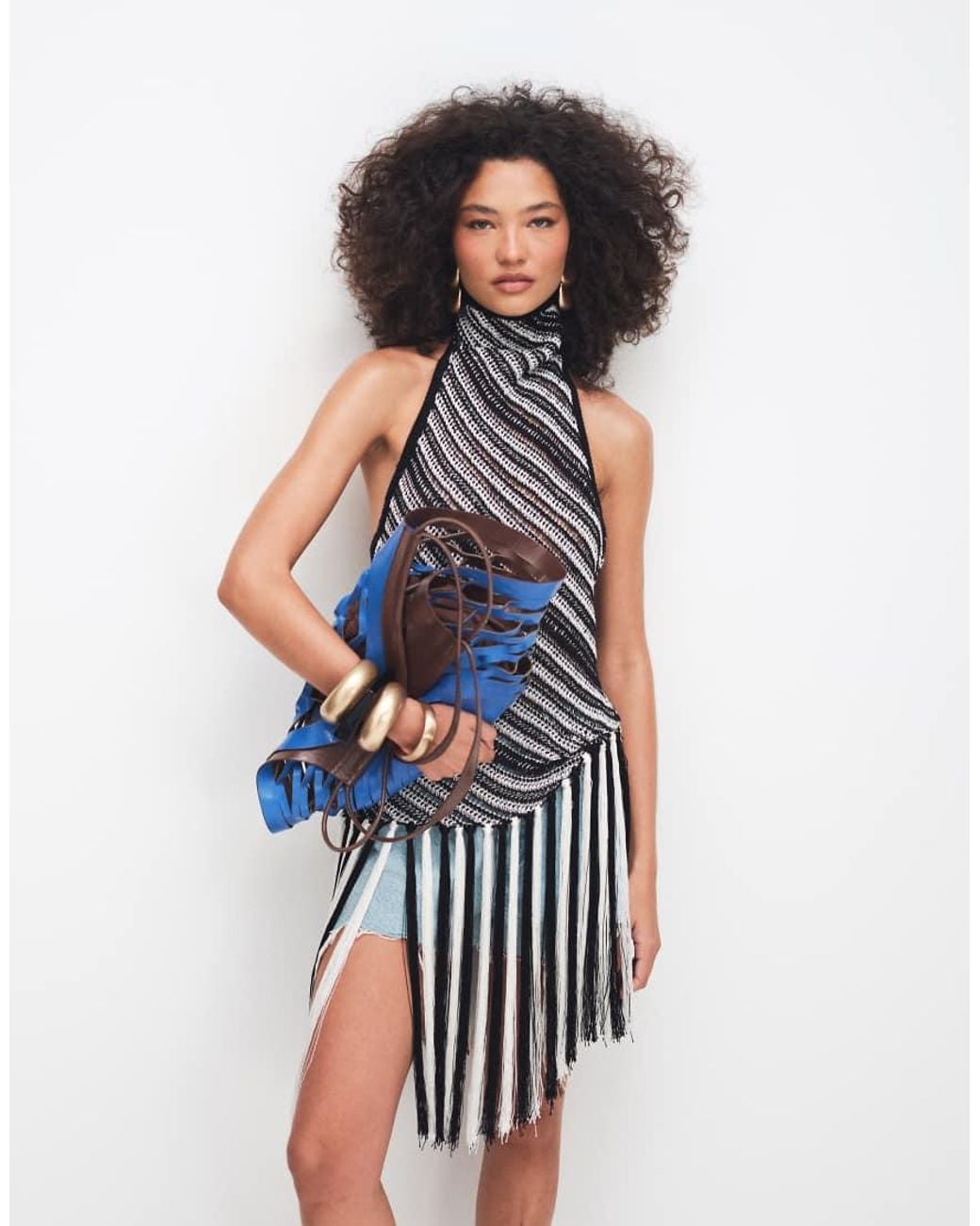 TOPSHOP Blue Knitted Stripe Halterneck Longline Fringing Tunic