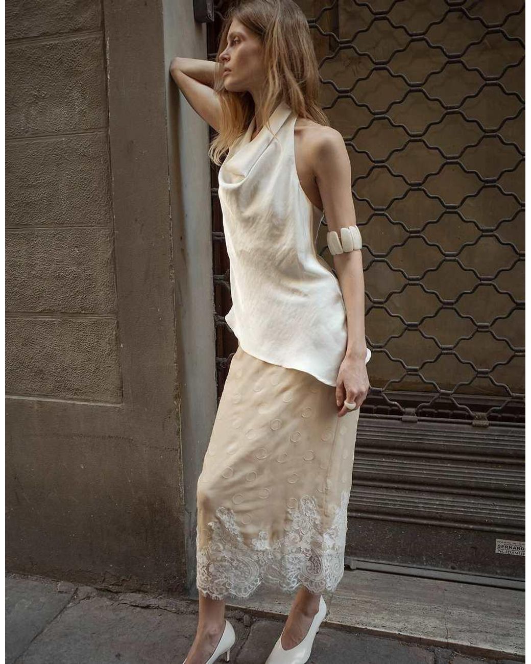 NA-KD White Satin Draped Asymmetric Halterneck Top