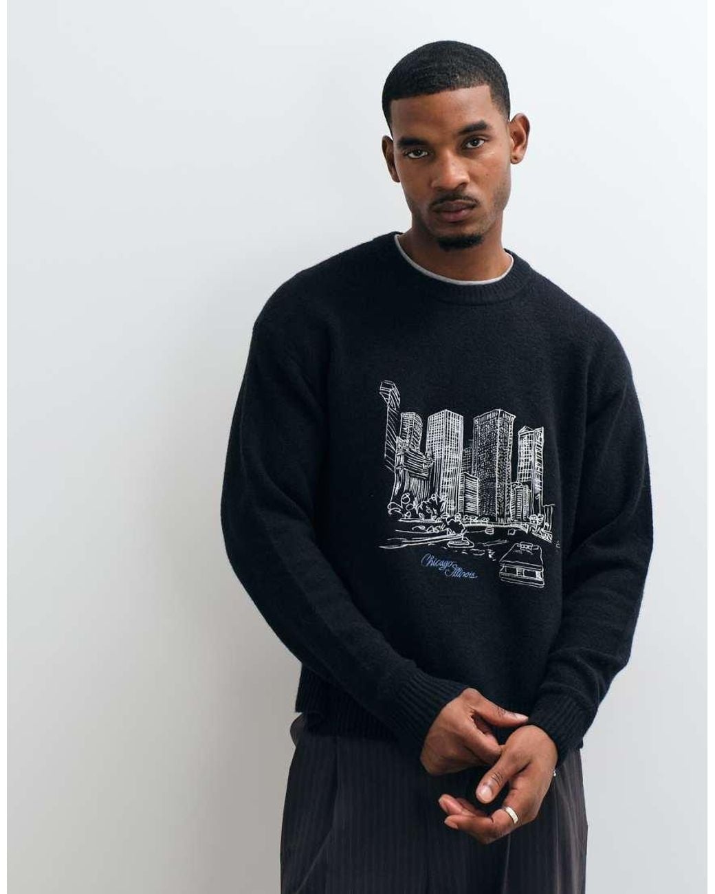 Abercrombie & Fitch Blue Knitted Chicago Graphic Mock Neck Jumper for men