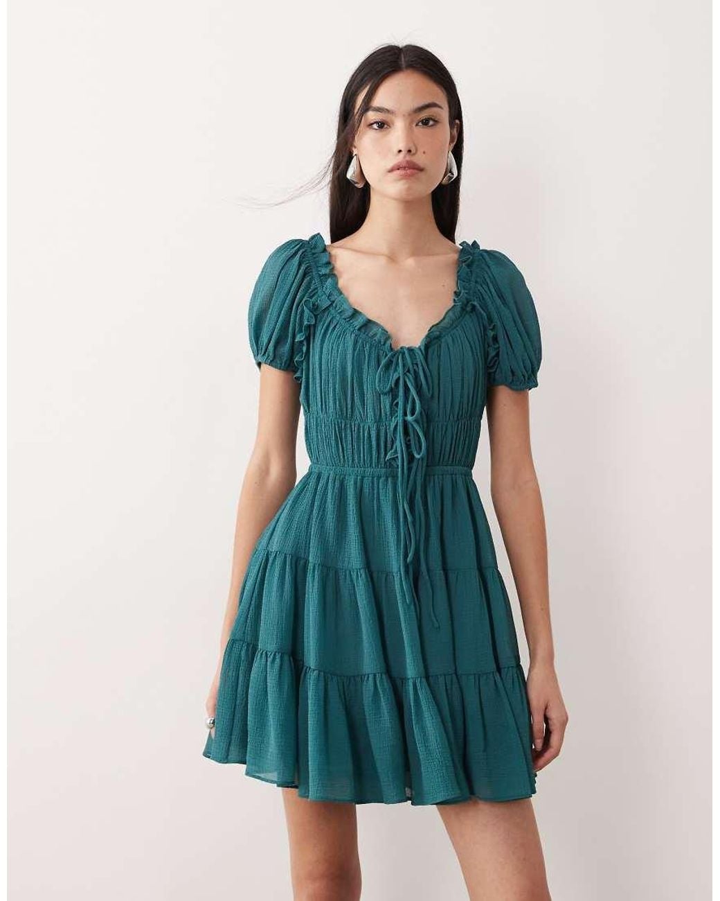 ASOS Blue Boho Ruffle Puff Sleeve Mini Dress