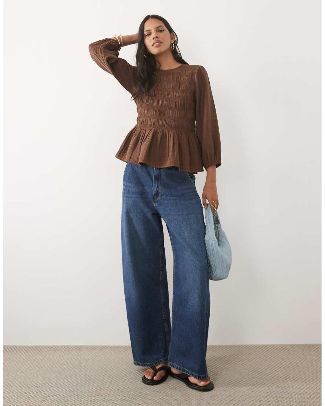 New Look Blue Shirred Peplum Detail Top