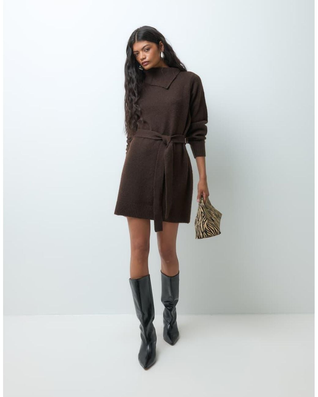 Vero Moda Brown Long Sleeve Split Neck Knitted Mini Dress With Tie Waist