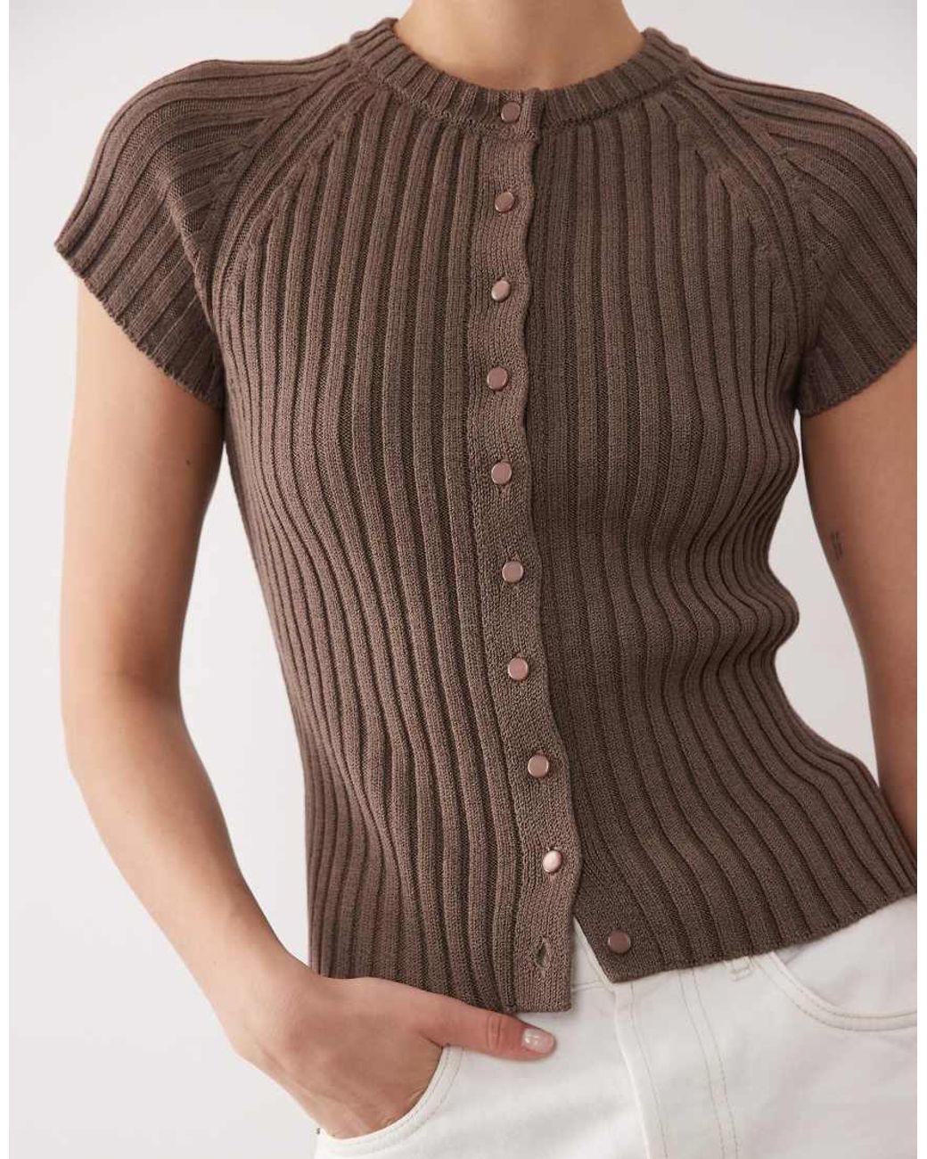 ASOS Brown Fine Knit Sculpted Cap Sleeve Cardigan